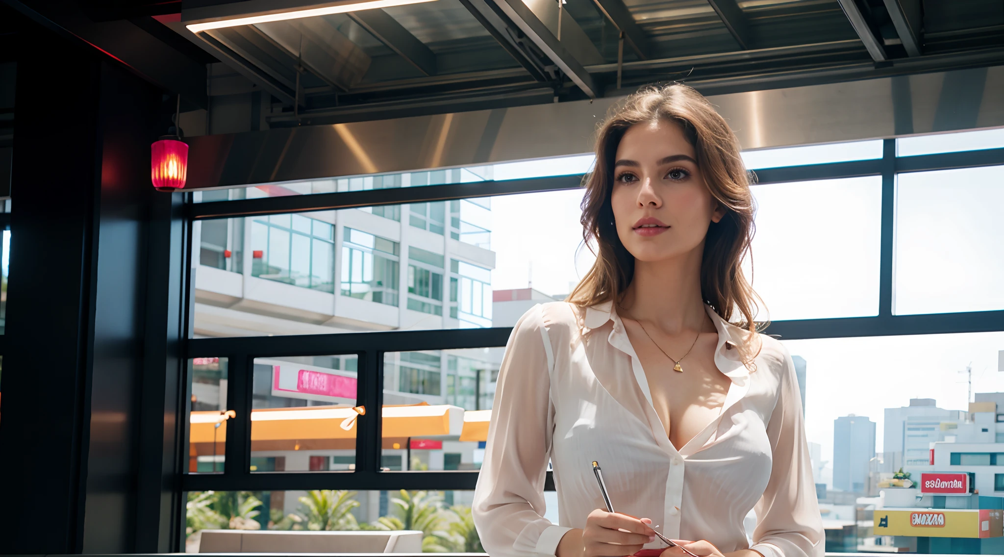 light colored blouse, white and pink, unbuttoned top, see-through, cleavage
