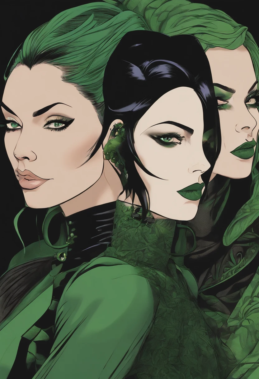 Three women in green and black costumes with tattoos on their faces, goth family, in a mixed style of æon flux, in japanese anime style, no estilo de arte do anime 8 0 s, style mix of æon flux, Aeon Estilo Flow, :14 Estilo anime dos anos 80, em estilo anime, möbius and æon flux