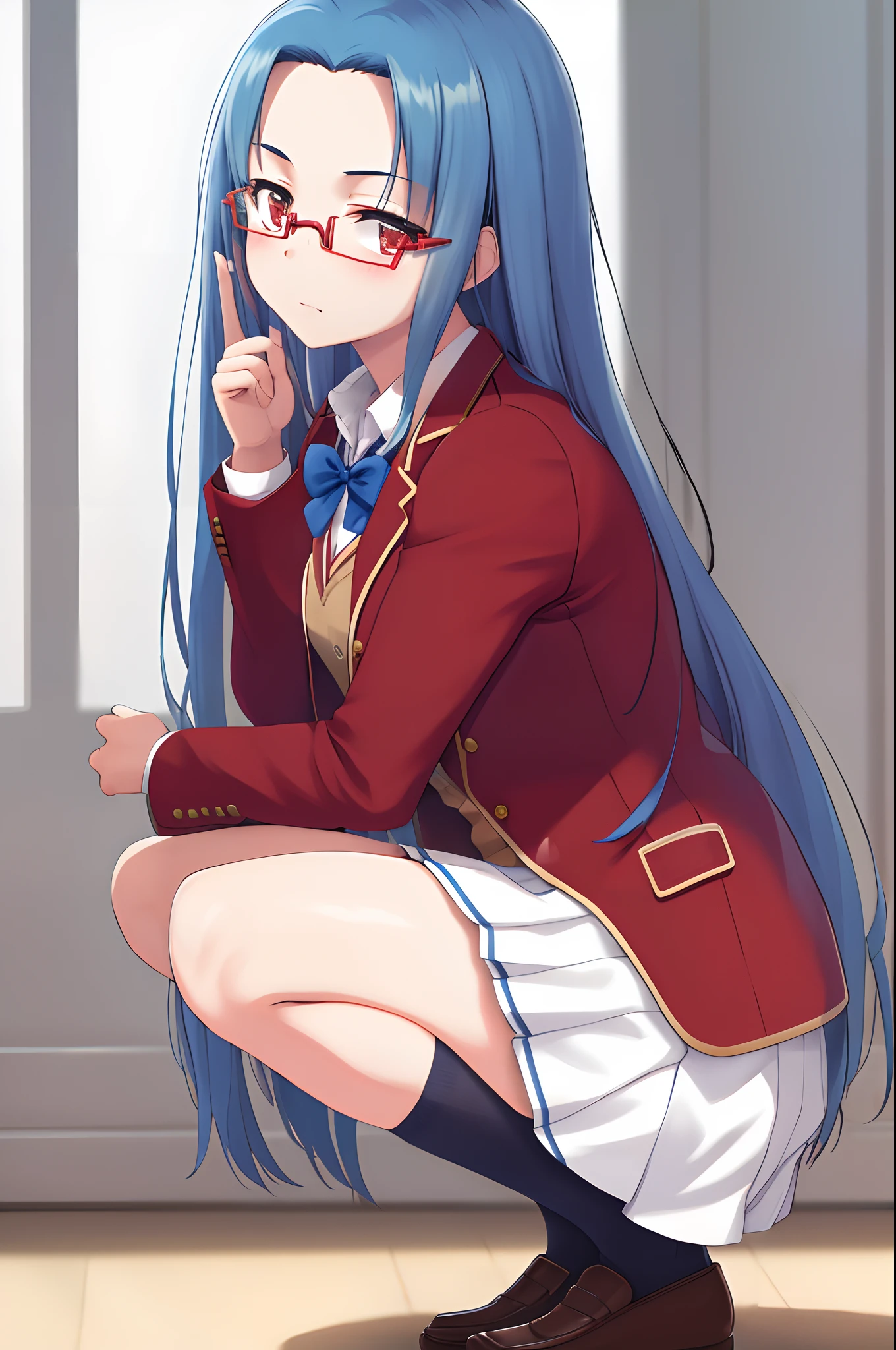 masterpiece, best quality, highres, 1girl haruka hasebe blue hair, school uniform white skirt white skirt red jacket orange vest blue bowtie squatting, from side, looking at viewer, ((glasses)), (rimless eyewear:1.2)