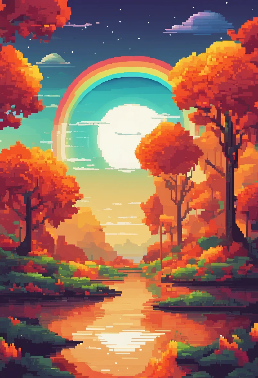 Autumn scenery. A mystical world. Exoplanets. Humanity with aliens. A hopeful future. Bright Future. rainbow.