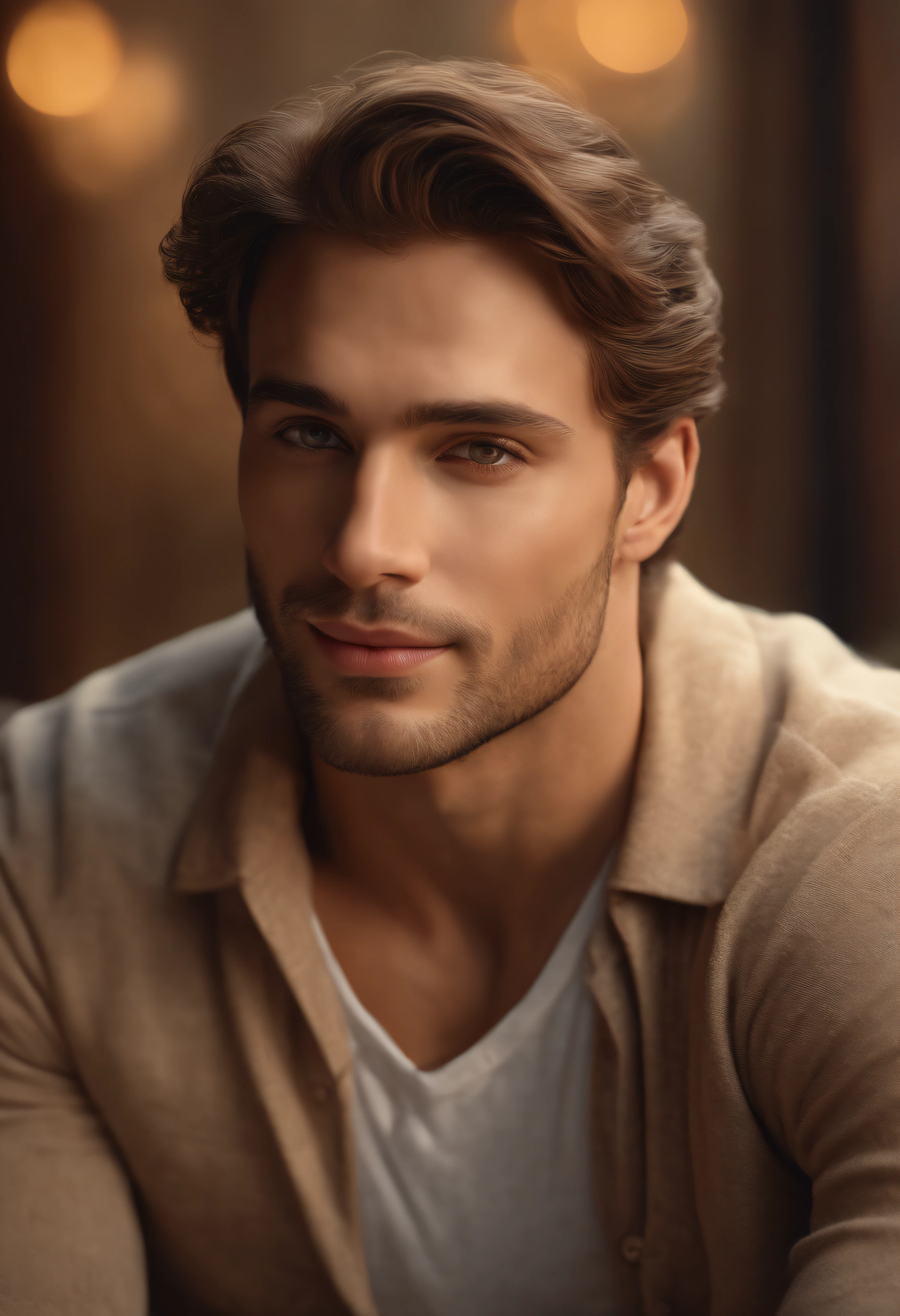 (best quality,highres),man sitting,(realistic,photorealistic:1.37),detailed face and expression,gentle eyes,subtle smile,classic portrait style,warm color tones,soft and even lighting,detailed clothing,calm and peaceful atmosphere