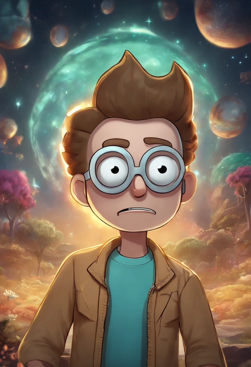 (best quality:1.2,ultra-detailed,realistic:1.37),drawing of the character from Rick and Morty in the art style of the Rick and Morty universe,high-res,professional,portrait,anime,vivid colors,physically-based rendering,detailed facial features,sharp focus,humorous expression,stylized hair,universe background,dimensional portal,humorous props,sci-fi,studio lighting,bokeh