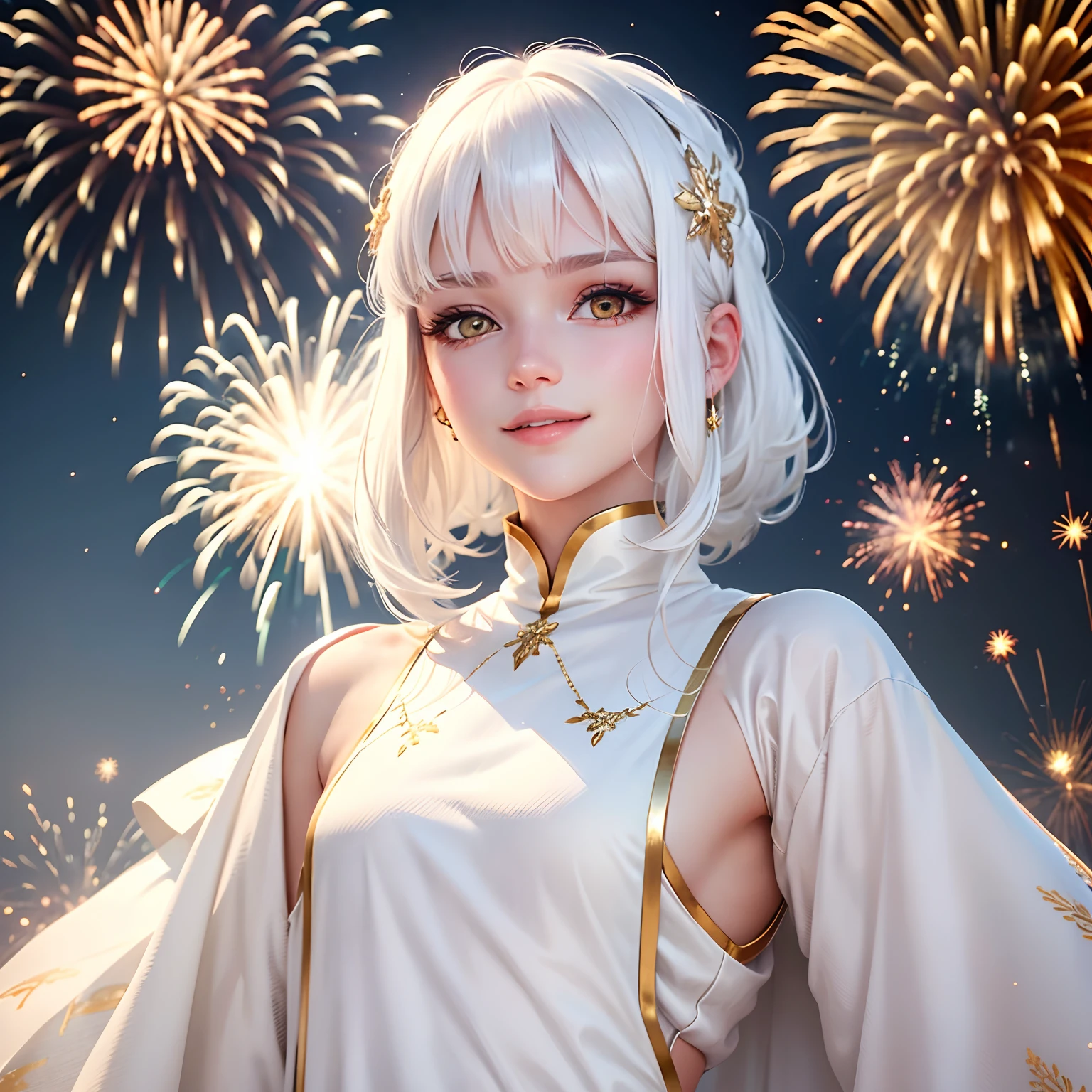 best quality, white hair, gold eyes, white clothes, looking up, upper body, hair strand, Fair skin, smiling, fireworks