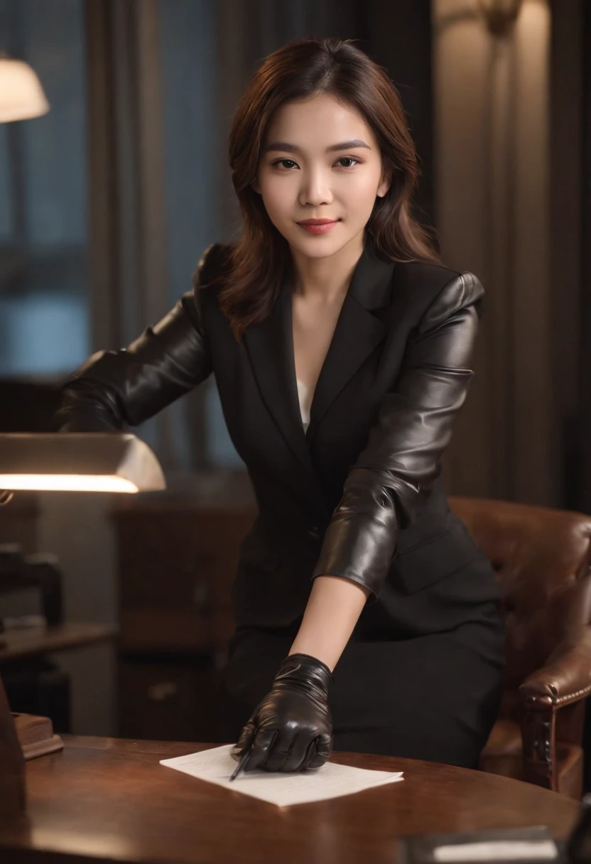 Wearing black leather gloves in both hands, upper body, black business suit, sitting on a chair at a desk in his room with a computer in the dark, looking down and smiling, writing a letter using a fountain pen, black hair bundled behind for a long time, still young, a young and very cute Japanese female new employee (black leather gloves cover both hands)