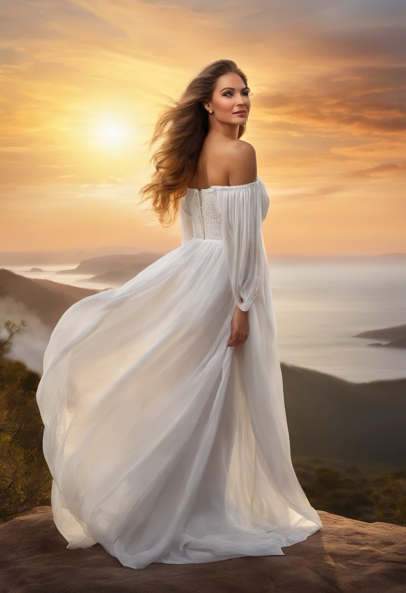(a woman wearing a white off-shoulder gown, wind-blown long hair, looking up in a standing pose, in front of the beautiful Aurorasant, with the sun setting, associated with the divine, a portrait photograph of a character, directed by Drew Tucker, directed by Adam Malchinski, suggestive art, shot with Sony a7iii, best quality, ultra-detailed, realistic, masterpiece:1.2, fine art style)