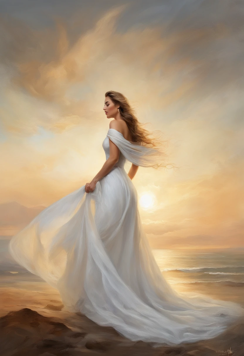 (a woman wearing a white off-shoulder gown, wind-blown long hair, looking up in a standing pose, in front of the beautiful Aurorasant, with the sun setting, associated with the divine, a portrait photograph of a character, directed by Drew Tucker, directed by Adam Malchinski, suggestive art, shot with Sony a7iii, best quality, ultra-detailed, realistic, masterpiece:1.2, fine art style)
