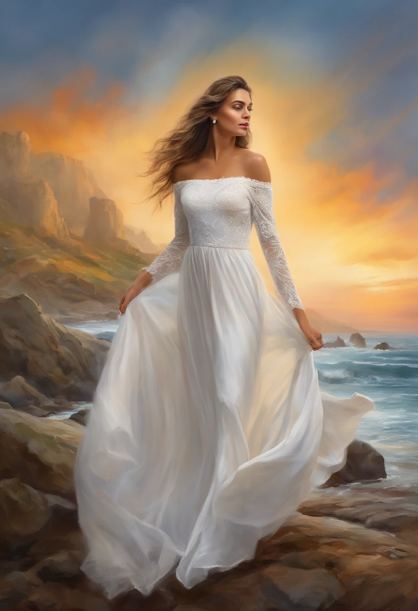 (a woman wearing a white off-shoulder gown, wind-blown long hair, looking up in a standing pose, in front of the beautiful Aurorasant, with the sun setting, associated with the divine, a portrait photograph of a character, directed by Drew Tucker, directed by Adam Malchinski, suggestive art, shot with Sony a7iii, best quality, ultra-detailed, realistic, masterpiece:1.2, fine art style)
