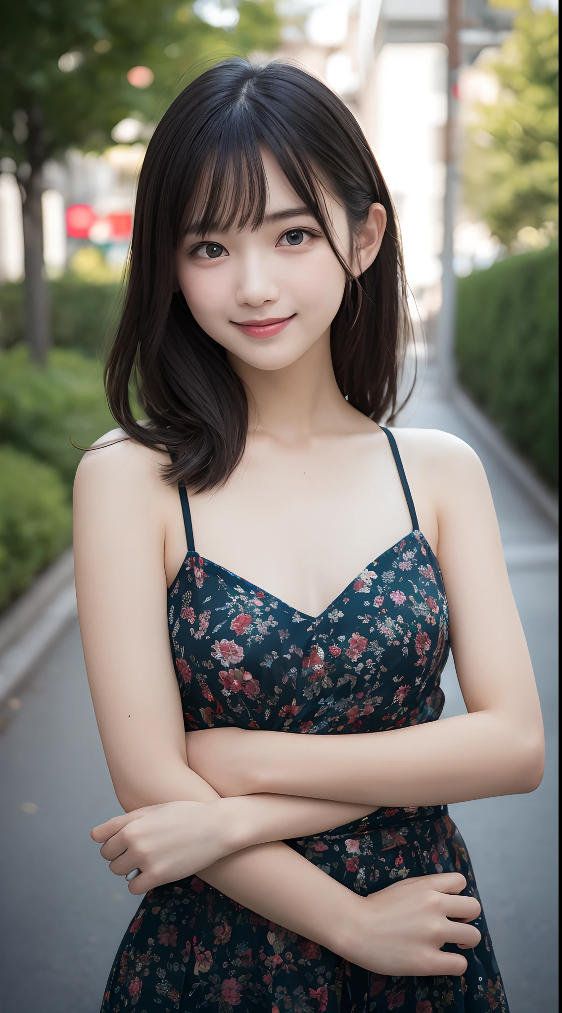 Masterpiece, Best quality, 8K, 15year old, Teenage uncensored, RAW photo, absurderes, award winning portrait, Smile, Smile, Solo, Night, neonlight, Idol face, violaceaess, gardeniass, Delicate girl, Upper body, Digital SLR, view the viewer, candid, Sophisticated, Youthful, Thin arms, Professional lighting, filmgrain, color difference, (Detailed eyes and face:1.0), (Bokeh:1.1)