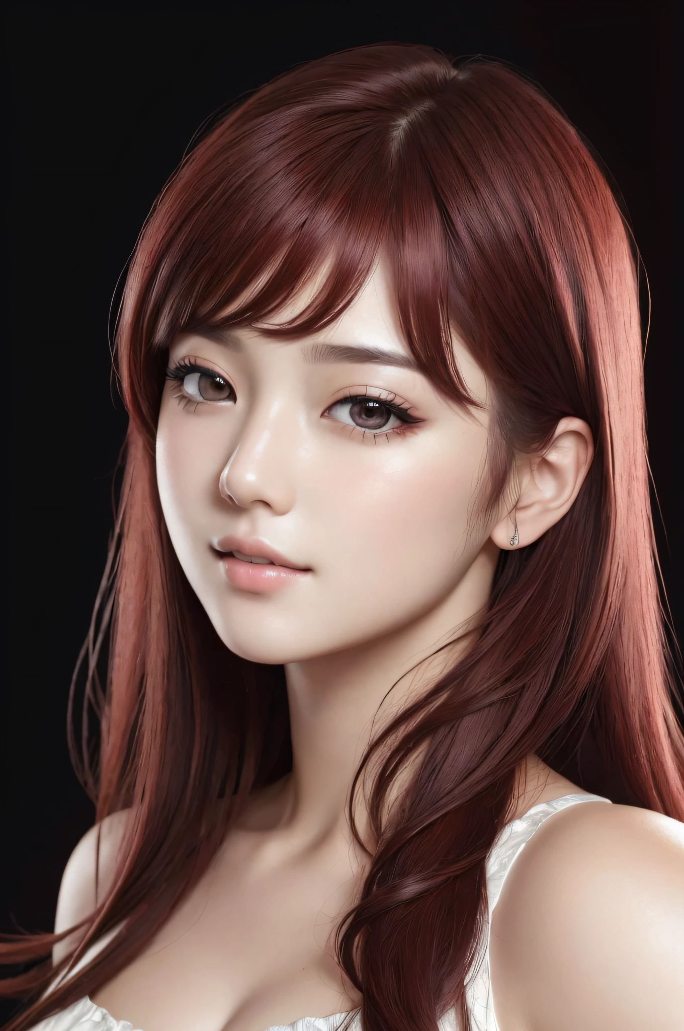 absurdres, 1girl, star eye, blush, (realistic:1.5), (masterpiece, Extremely detailed CG unity 8k wallpaper, best quality, highres:1.2), (ultra_detailed, UHD:1.2), (pixiv:1.3), perfect illumination, distinct, (bishoujo:1.2), looking at viewer, unreal engine, sidelighting, perfect face, detailed face, beautiful eyes, pretty face, (bright skin:1.3), idol, (abs), ulzzang-6500-v1.1, soft smile, upper body, (dark red hair), (simple background), ((dark background)), (depth of field), close-up, selfie