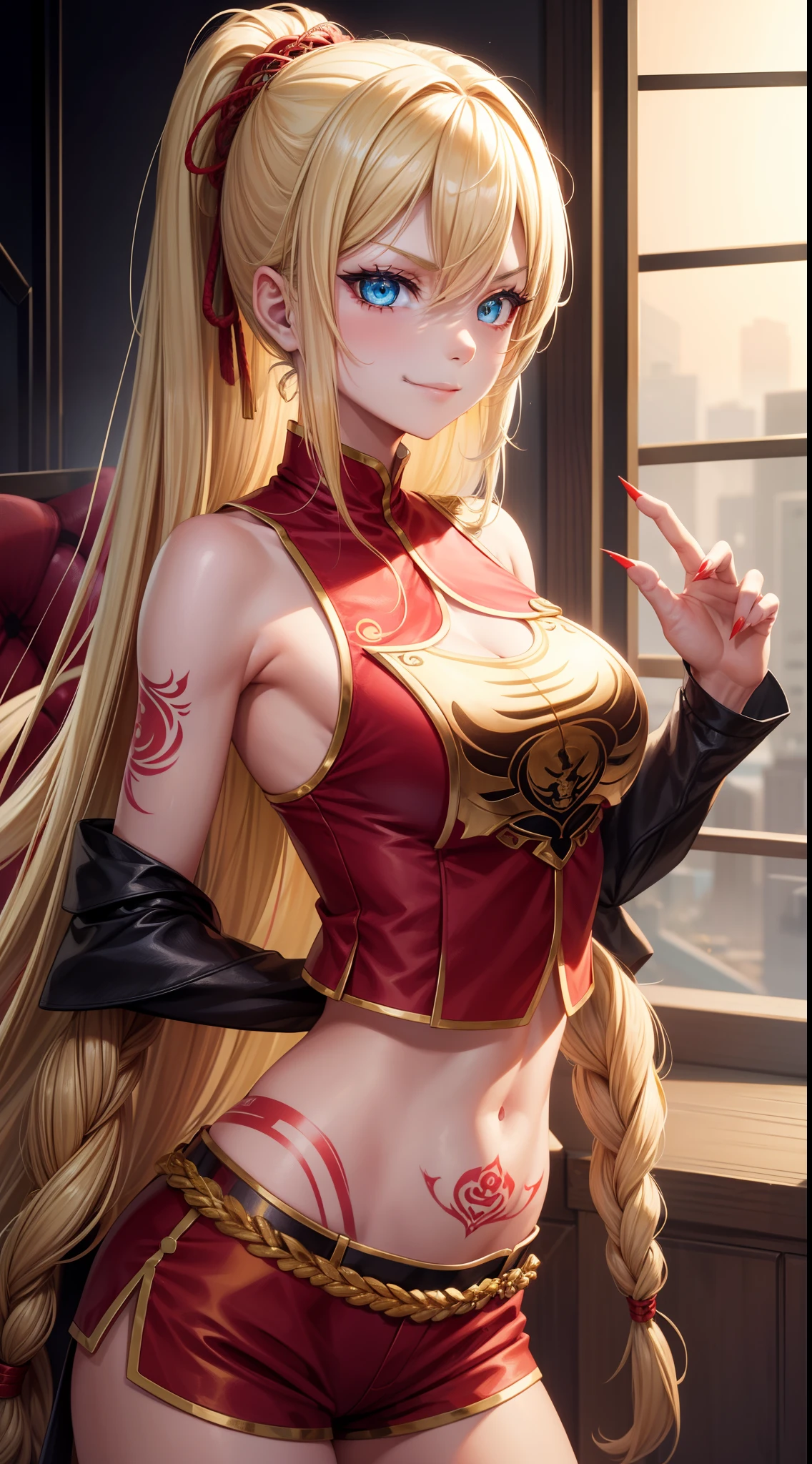 young girl, longue blonde hair, Hairpin with a bundle, turquoise eyes, Yakuza tattoos, red tight uniform, Sleeveless, Wide neckline on the chest to the abdomen, Gold Elements, Red gold armor, Shorts, claws, smirk, Masterpiece, hiquality, 4k, HD, Good detail