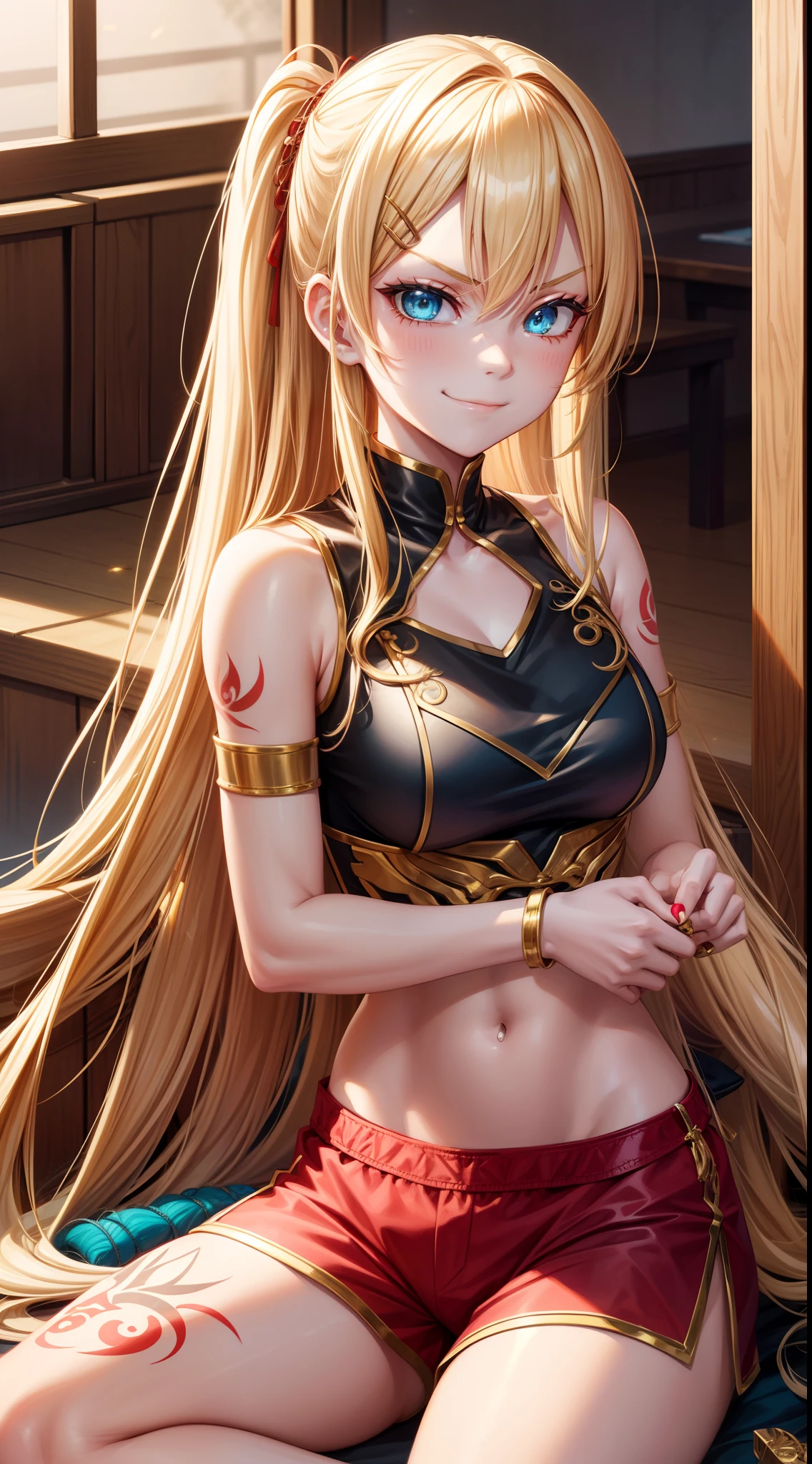 young girl, longue blonde hair, Hairpin with a bundle, turquoise eyes, Yakuza tattoos, red tight uniform, Sleeveless, Wide neckline on the chest to the abdomen, Gold Elements, Red gold armor, Shorts, claws, smirk, Masterpiece, hiquality, 4k, HD, Good detail