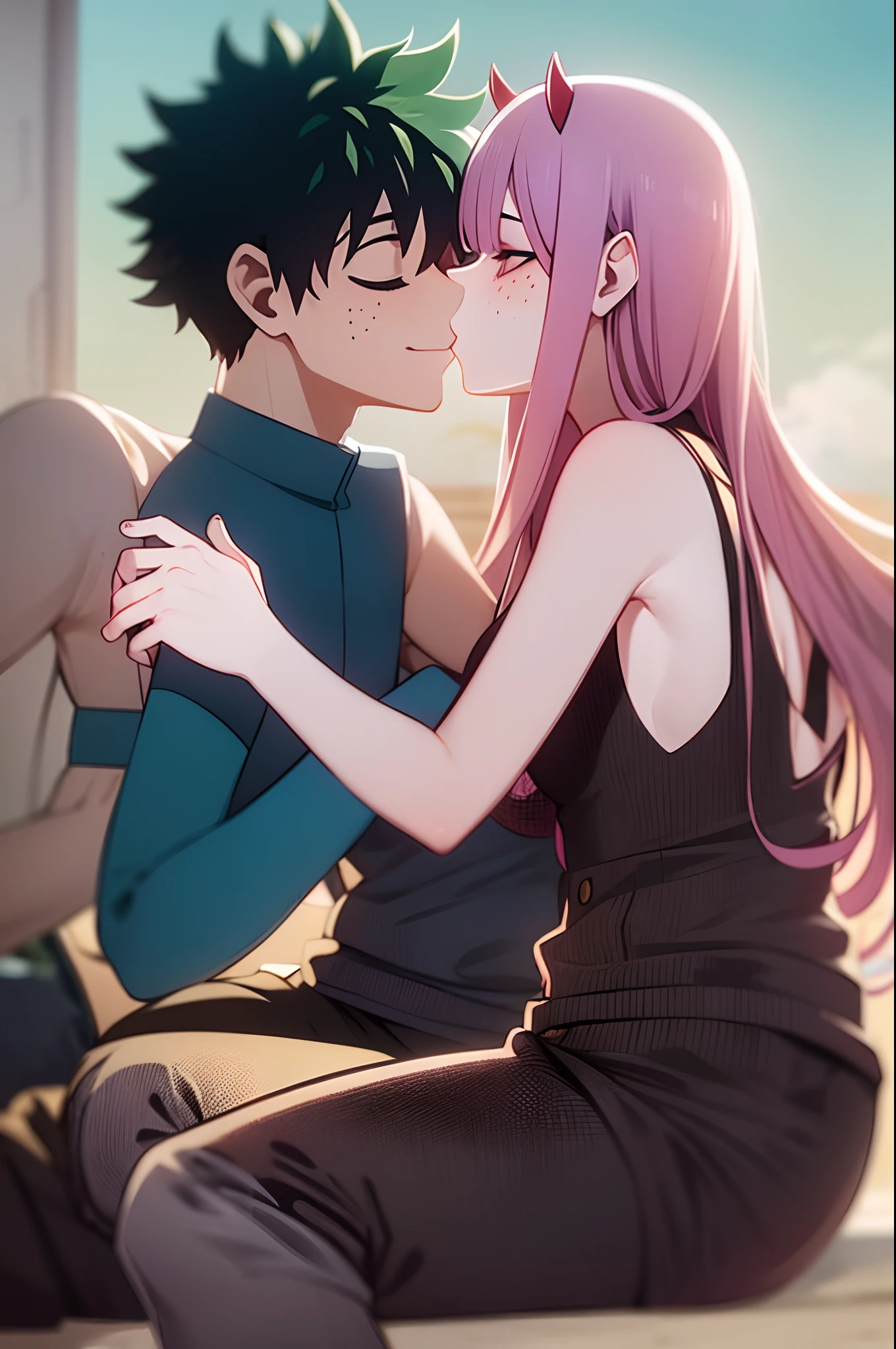 zero two, 1girl, zero two naked_shirt,vest_print:, izuku from bnha, izuku and zero two being a lovey dovey couple very affective in a beach, izuku with pants and pullover, love , happy, ,1girl,, ,sitting, standing, french kiss, kissing, 1boy, couple, husband and wife