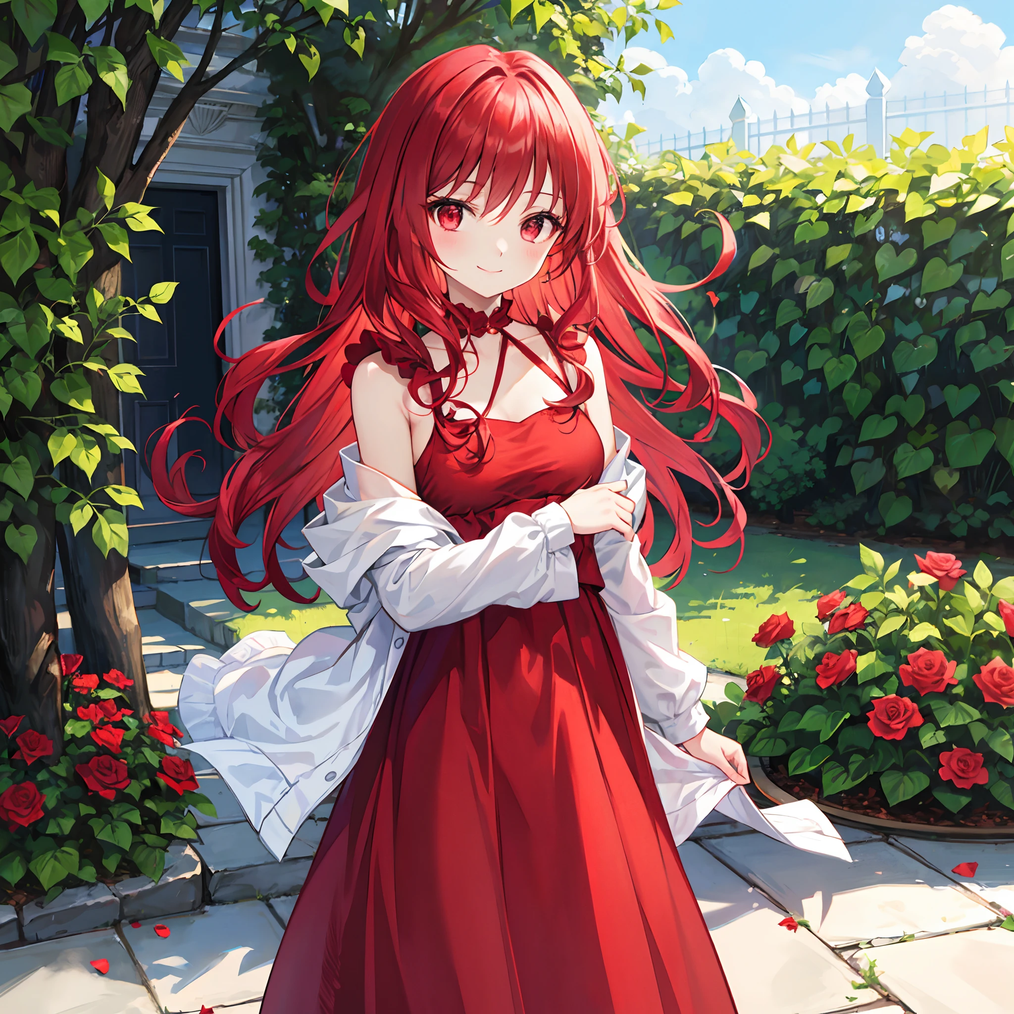 Wavy red hair、red eyes、Beautiful girl alone、RED dress、A smile、rose garden
