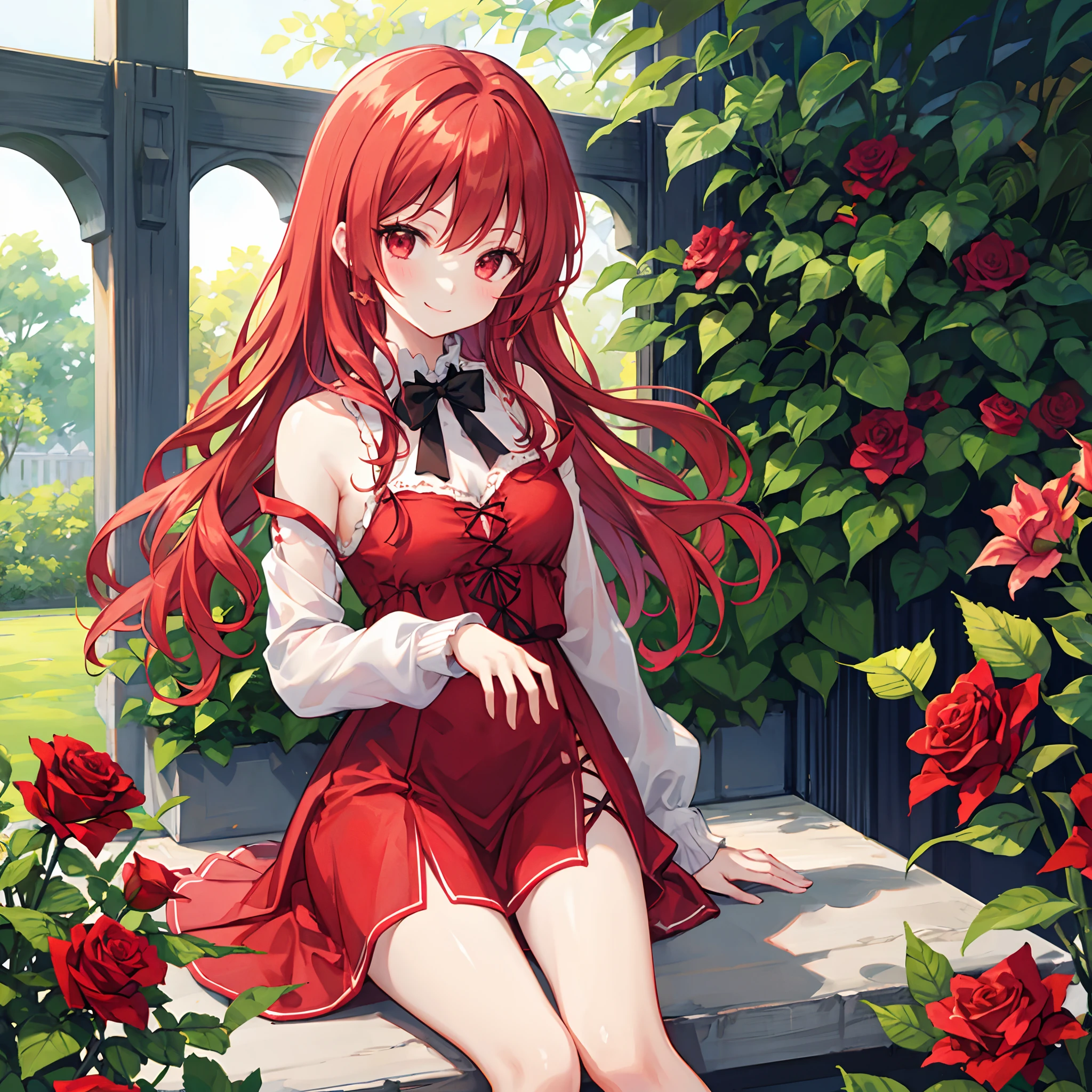 Wavy red hair、red eyes、Beautiful girl alone、RED dress、A smile、rose garden