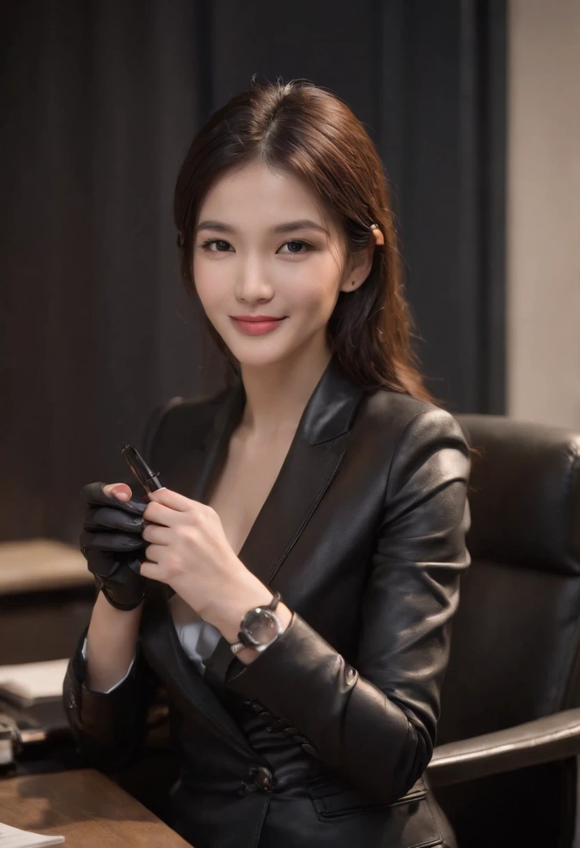 Wearing black leather gloves in both hands, upper body, black business suit, sitting on a chair at a desk in his room with a computer in the dark, looking down and smiling, writing a letter using a fountain pen, black hair bundled behind for a long time, still young, a young and very cute Japanese female new employee (black leather gloves cover both hands)