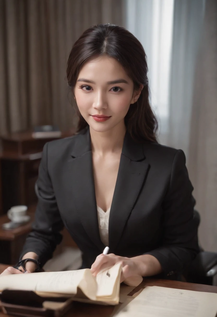 Wearing black leather gloves in both hands, upper body, black business suit, sitting on a chair at a desk in his room with a computer in the dark, looking down and smiling, writing a letter using a fountain pen, black hair bundled behind for a long time, still young, a young and very cute Japanese female new employee (black leather gloves cover both hands)