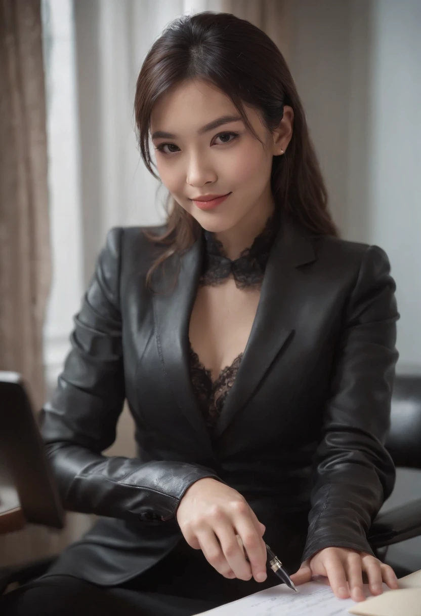 Wearing black leather gloves in both hands, upper body, black business suit, sitting on a chair at a desk in his room with a computer in the dark, looking down and smiling, writing a letter using a fountain pen, black hair bundled behind for a long time, still young, a young and very cute Japanese female new employee (black leather gloves cover both hands)