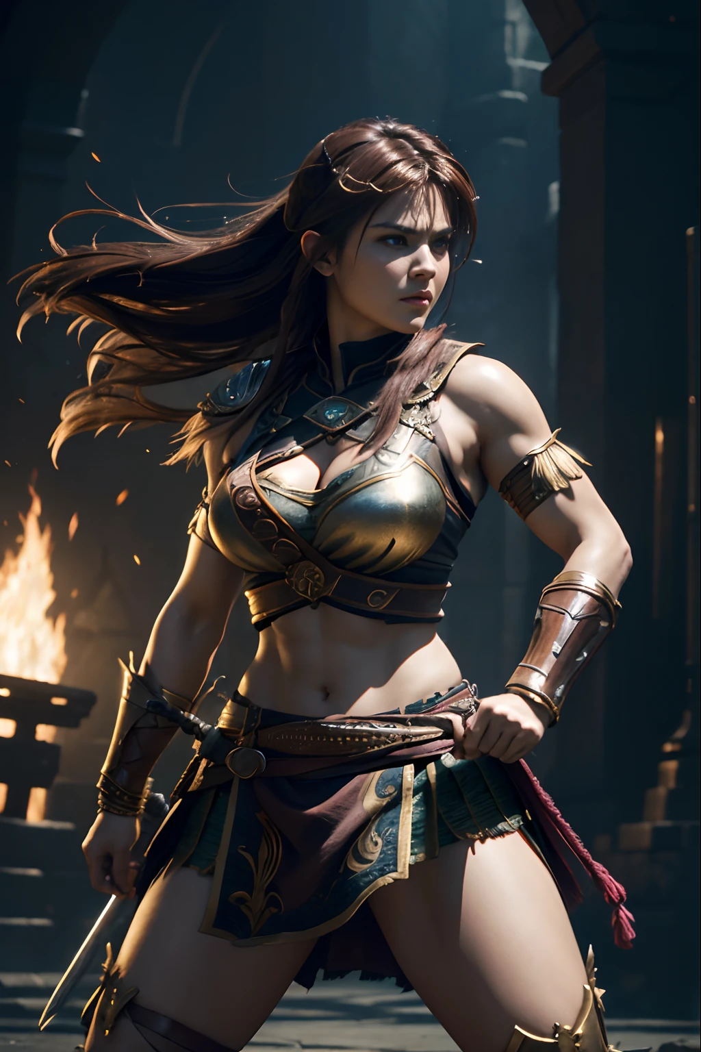 ((Offensive stance)), (Highly detailed CG Unity 16K wallpaper:1.1), (Denoising strength: 1.45), (tmasterpiece:1.37), Game style, Warrior princess Xena, hyper HD, Dark Fantasy,