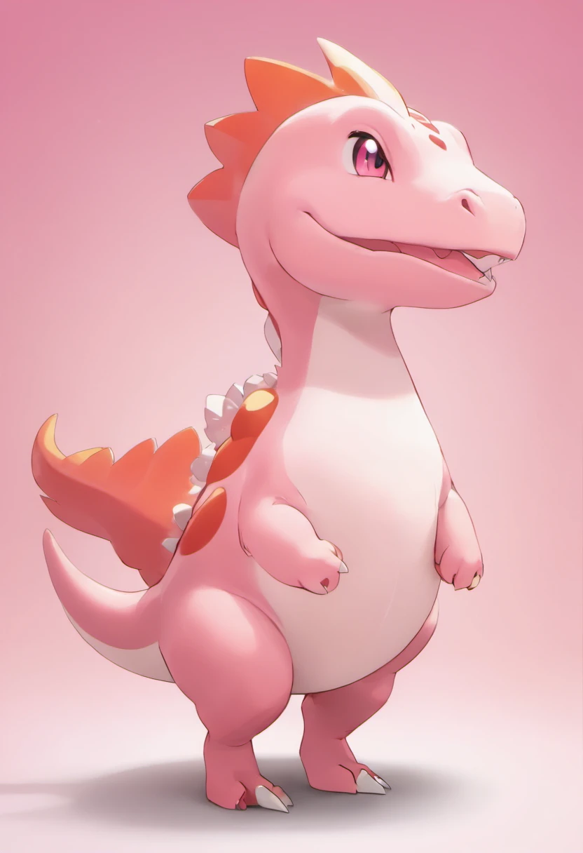 Cute cartoon dinosaurs，Pink skin，Popmart blind box，claymaterial，Bright background，arte 3D，depth of fields，pixar trend，hyper realisitc，Ray traching，Complicated details，animation lighting，full bodyesbian，standing on your feet