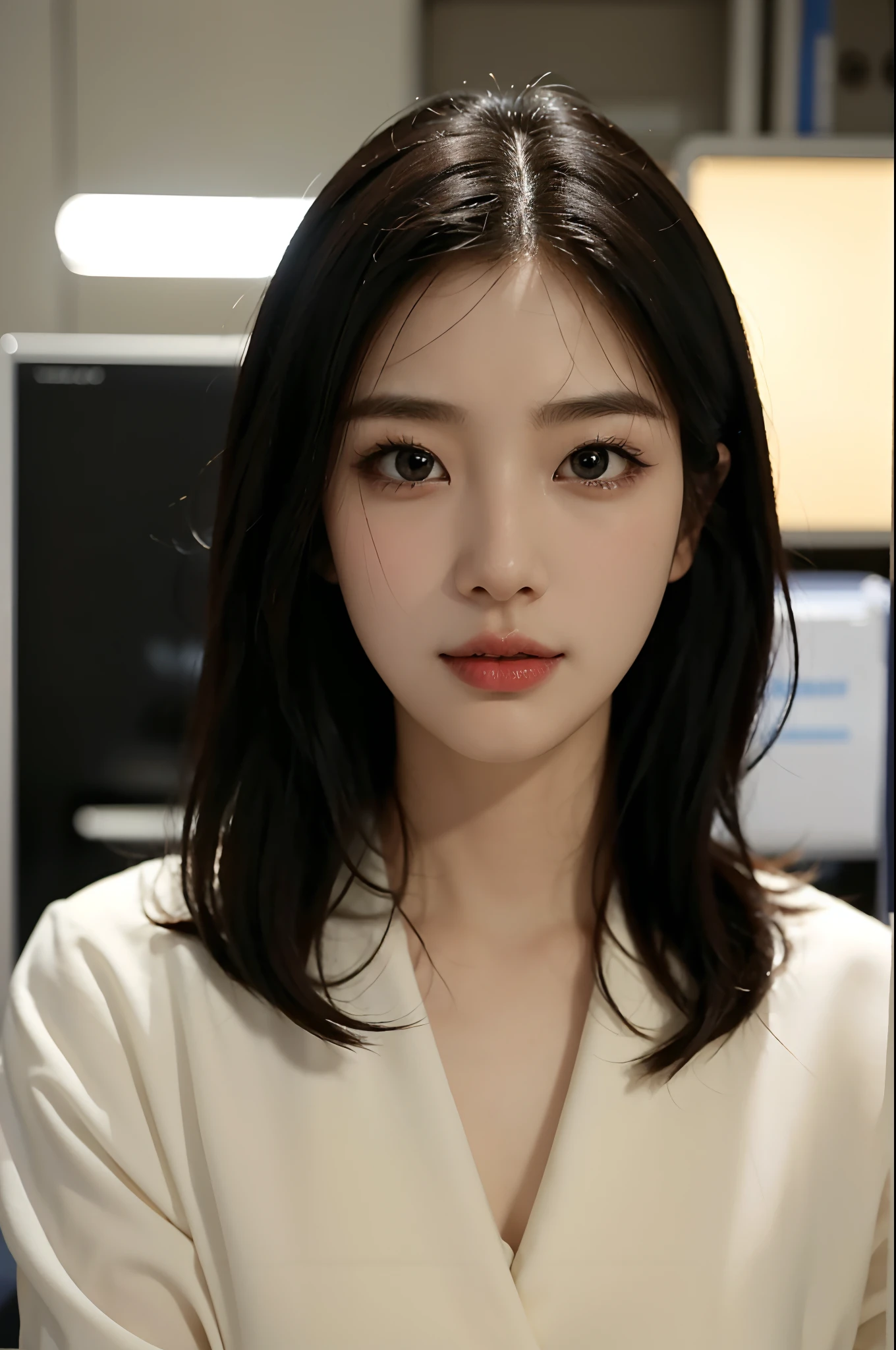 High-res, Realistic portrait of professional korean office lady with perfect skin,Professional suits,Women's suits,stand posture,The upper part of the body,Women in the workplace,Show confidence and maturity, Surrounded by a modern corporate environment, Vibrant and naturally lit highlights. The artwork should emphasize her elegant facial features, Including charming long eyes, Fluttering eyelashes and seductive lips. The scene should be enhanced with elements of professionalism and visual appeal,For example, Stylish work desk, Mainframe computers, High-resolution display, and complex stationery. The overall tone should be warm and professional, Has a soft and natural color palette. The artwork should exude a sense of professionalism, Success, and cultural pride,The background is blurred out