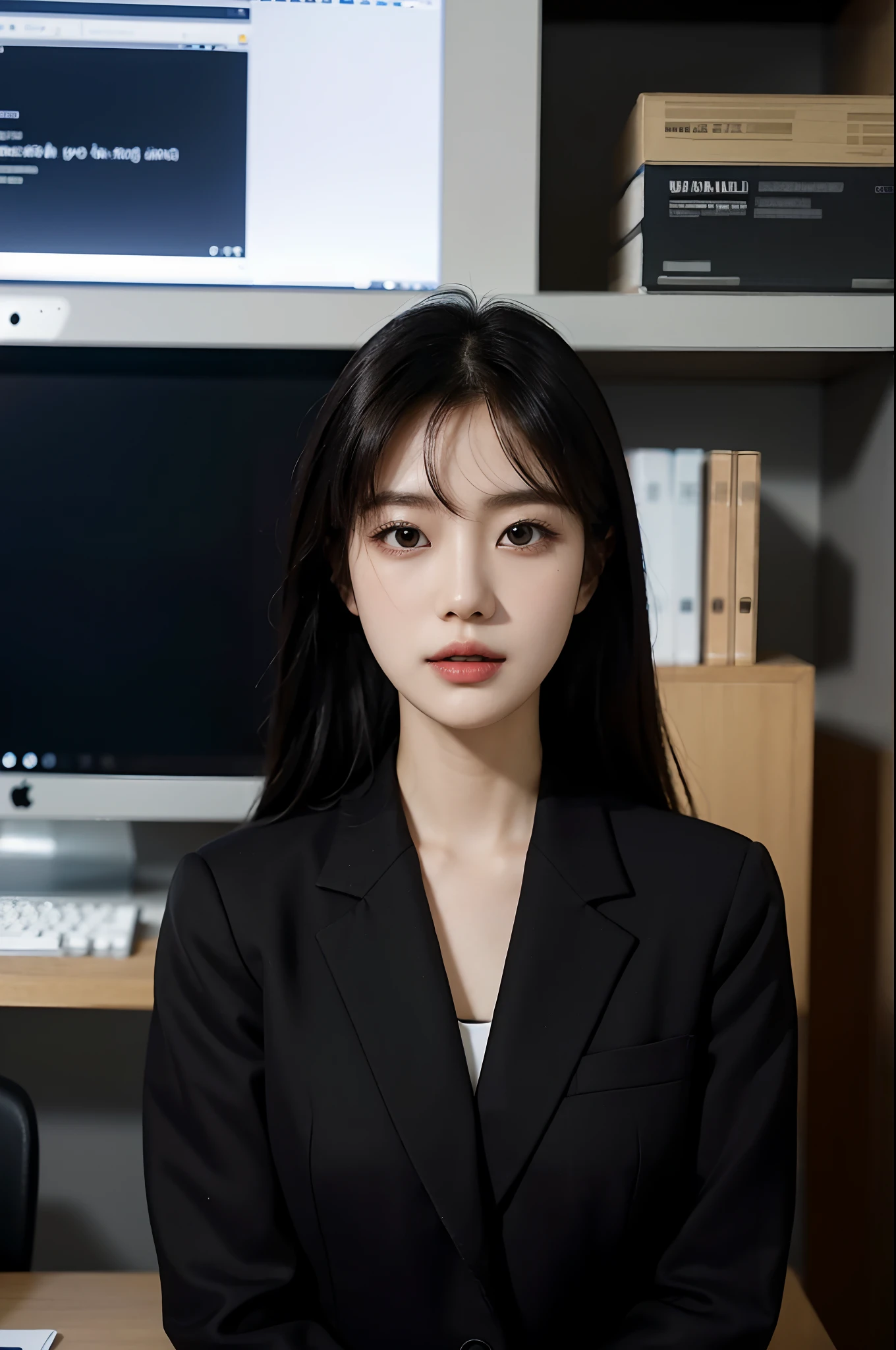 High-res, Realistic portrait of professional korean office lady with perfect skin,Professional suits,Women's suits,stand posture,The upper part of the body,Women in the workplace,Show confidence and maturity, Surrounded by a modern corporate environment, Vibrant and naturally lit highlights. The artwork should emphasize her elegant facial features, Including charming long eyes, Fluttering eyelashes and seductive lips. The scene should be enhanced with elements of professionalism and visual appeal,For example, Stylish work desk, Mainframe computers, High-resolution display, and complex stationery. The overall tone should be warm and professional, Has a soft and natural color palette. The artwork should exude a sense of professionalism, Success, and cultural pride,The background is blurred out