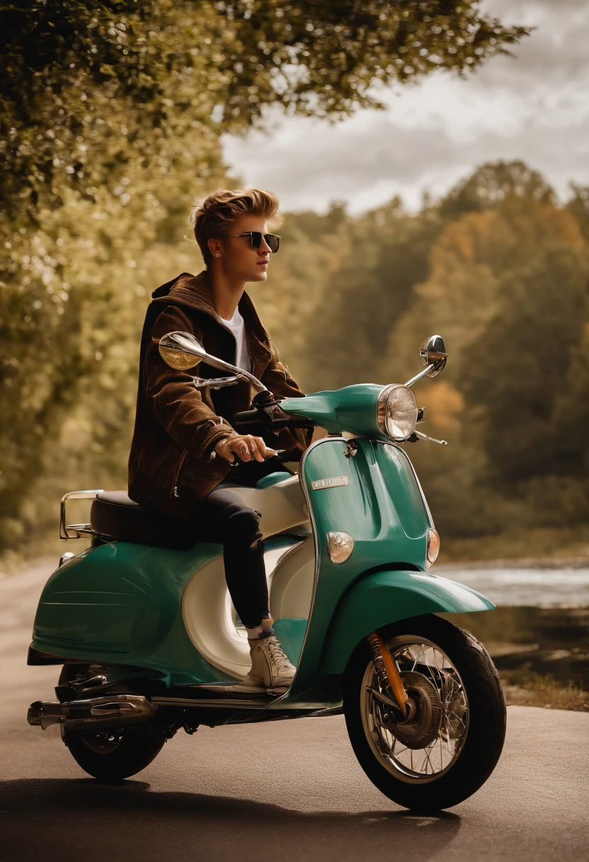 Justin Bieber auf Moped, rides a moped, highway, Natur