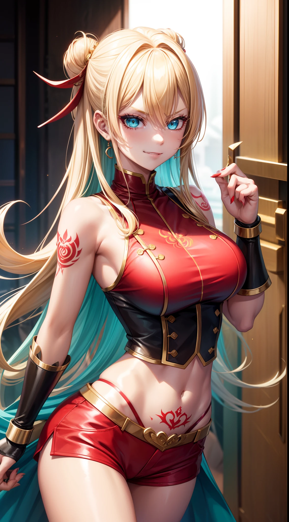 young girl, longue blonde hair, Hairpin with a bundle, turquoise eyes, Yakuza tattoos, red tight uniform, Sleeveless, Wide neckline on the chest to the abdomen, Gold Elements, Red gold armor, Shorts, claws, smirk, Masterpiece, hiquality, 4k, HD, Good detail