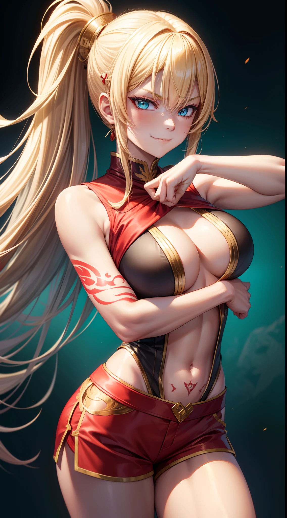young girl, longue blonde hair, Hairpin with a bundle, turquoise eyes, Yakuza tattoos, red tight uniform, Sleeveless, Wide neckline on the chest to the abdomen, Gold Elements, Red gold armor, Shorts, claws, smirk, Masterpiece, hiquality, 4k, HD, Good detail