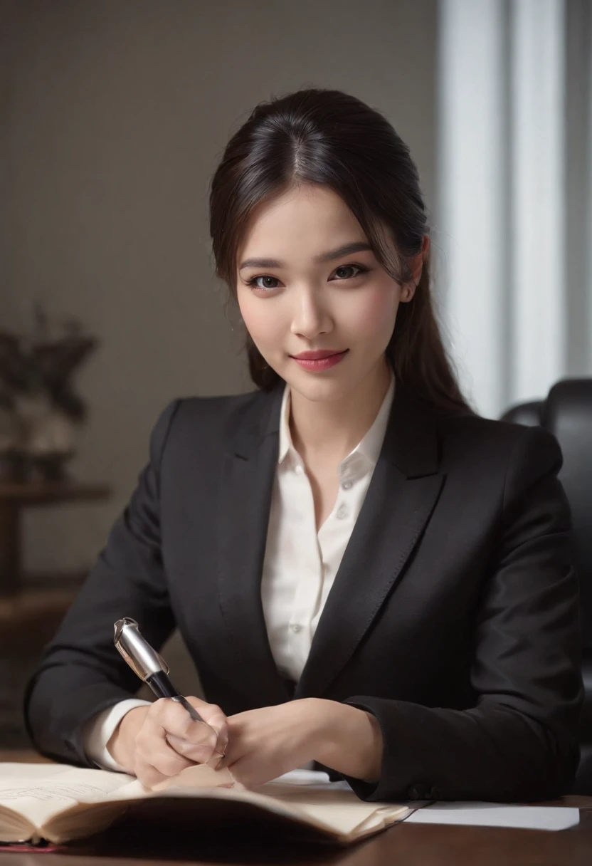 Wearing black leather gloves in both hands, upper body, black business suit, sitting on a chair at a desk in his room with a computer in the dark, looking down and smiling, writing a letter using a fountain pen, black hair bundled behind for a long time, still young, a young and very cute Japanese female new employee (black leather gloves cover both hands)