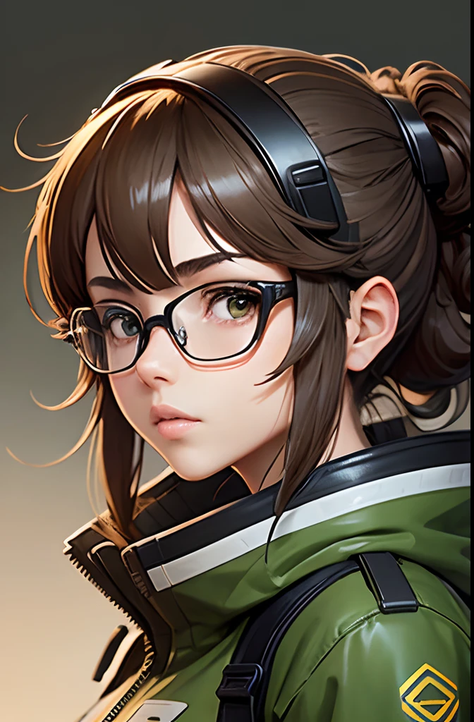 Wearing very large futuristic VR goggles on your head、Female Inventor, the hair on the head is dark brown, The hair on the head is tied into one, Big eyes、It has a light brown color, Large black-rimmed glasses, Freckles on the cheeks, Please wear an army green color flight jacket ,Modern anime style, anime style illustration, By Shinkai Makoto ( Apex Legends ), digital anime illustration, The skin color is tanned dark brown