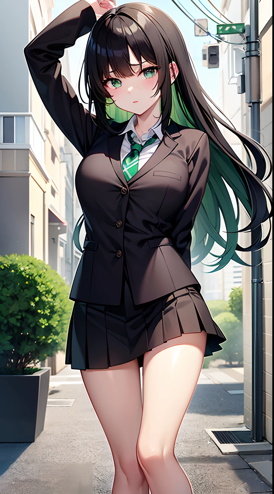 green colored eyes、Long black hair、Green tie、Soft schoolgirl in miniskirt