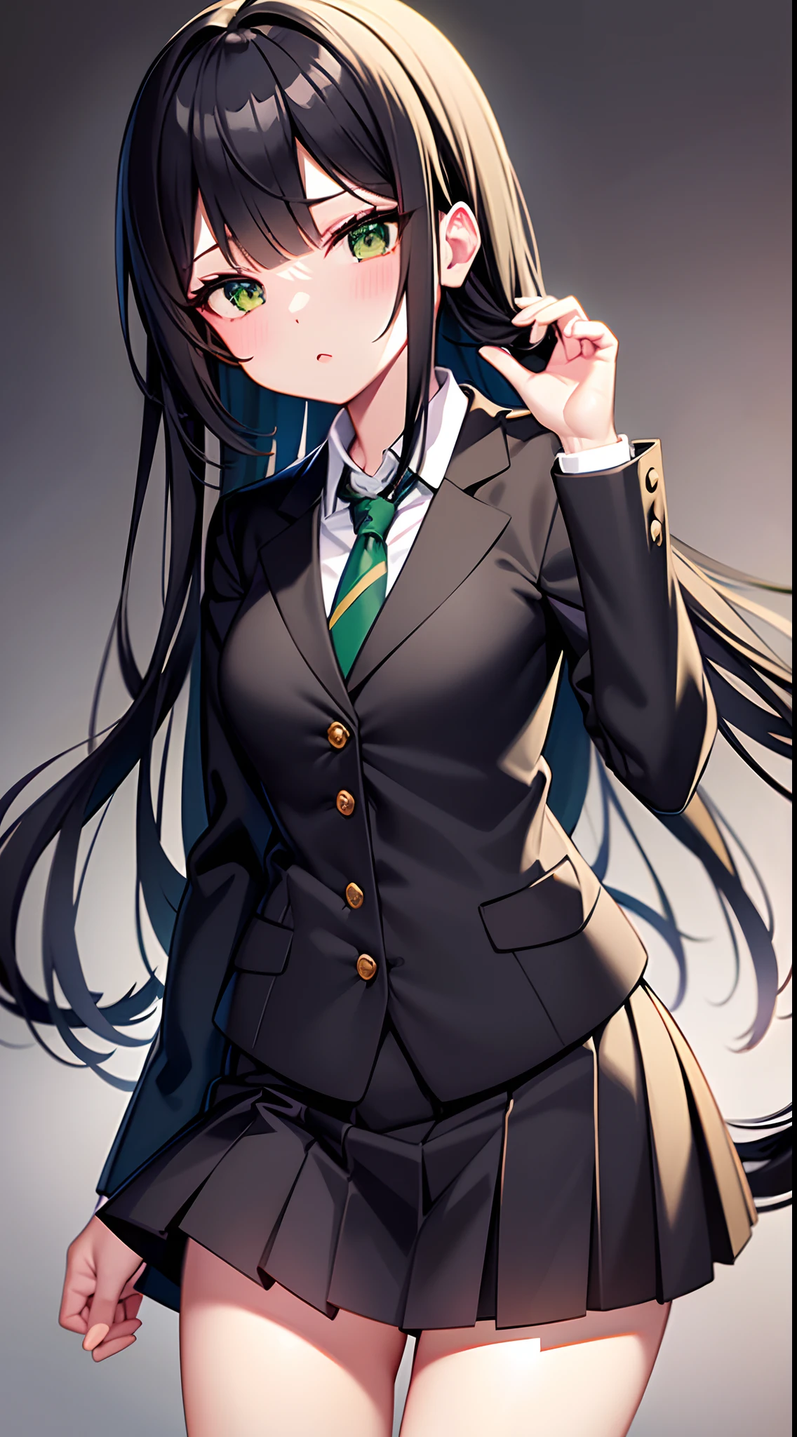 green colored eyes、Long black hair、Green tie、Soft schoolgirl in miniskirt