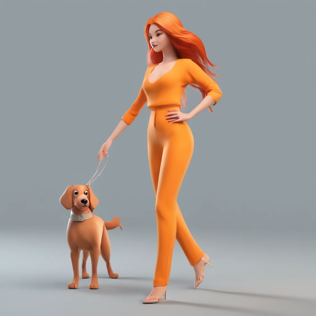 Stylish outfits, A girl with long straight orange hair, Dancing, Next to it is a small puppy