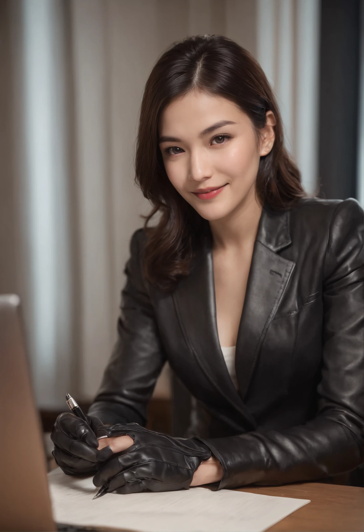 Wearing black leather gloves in both hands, upper body, black business suit, sitting on a chair at a desk in his room with a computer in the dark, looking down and smiling, writing a letter using a fountain pen, black hair bundled behind for a long time, still young, a young and very cute Japanese female new employee (black leather gloves cover both hands)