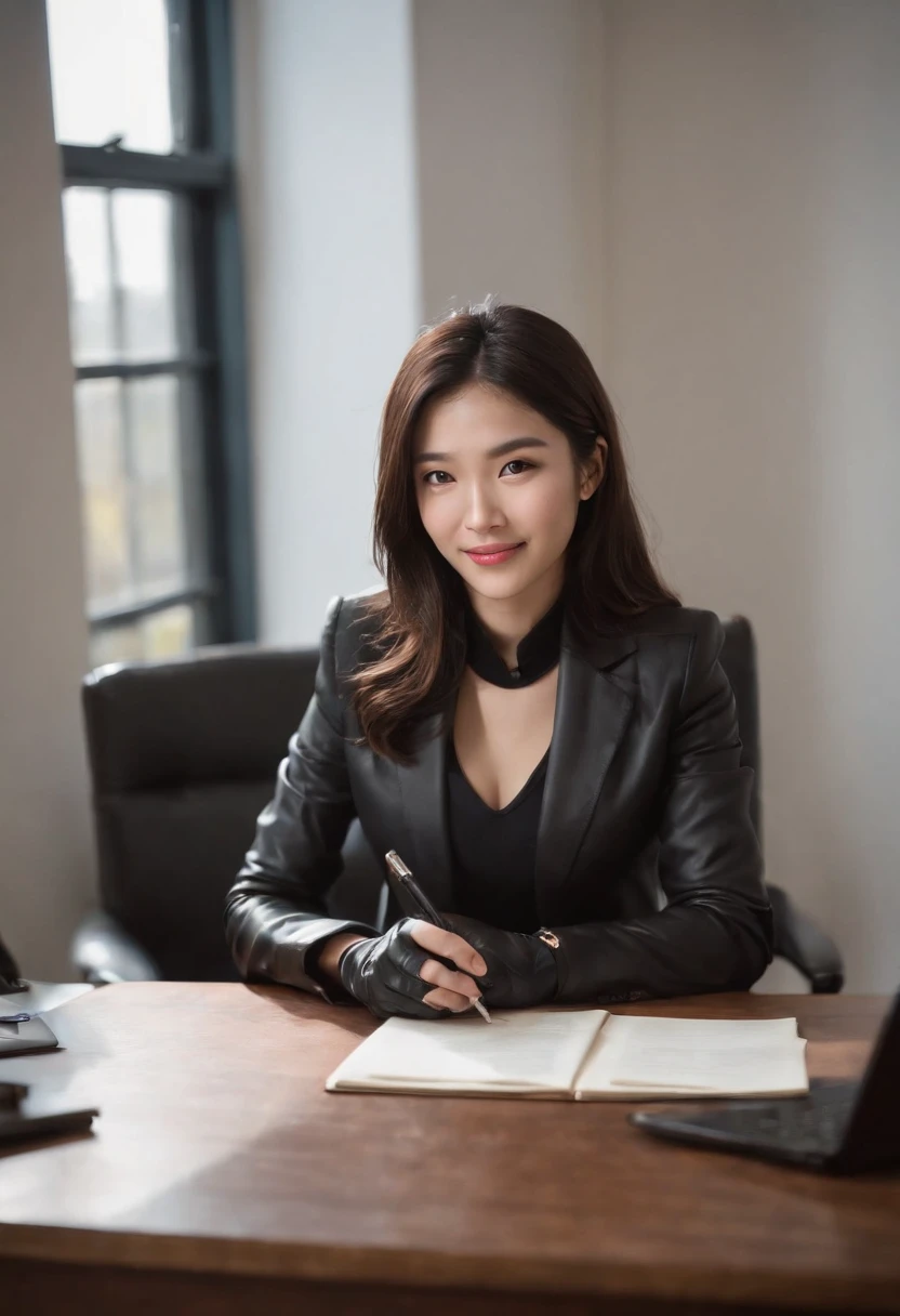Wearing black leather gloves in both hands, upper body, black business suit, sitting on a chair at a desk in his room with a computer in the dark, looking down and smiling, writing a letter using a fountain pen, black hair bundled behind for a long time, still young, a young and very cute Japanese female new employee (black leather gloves cover both hands)