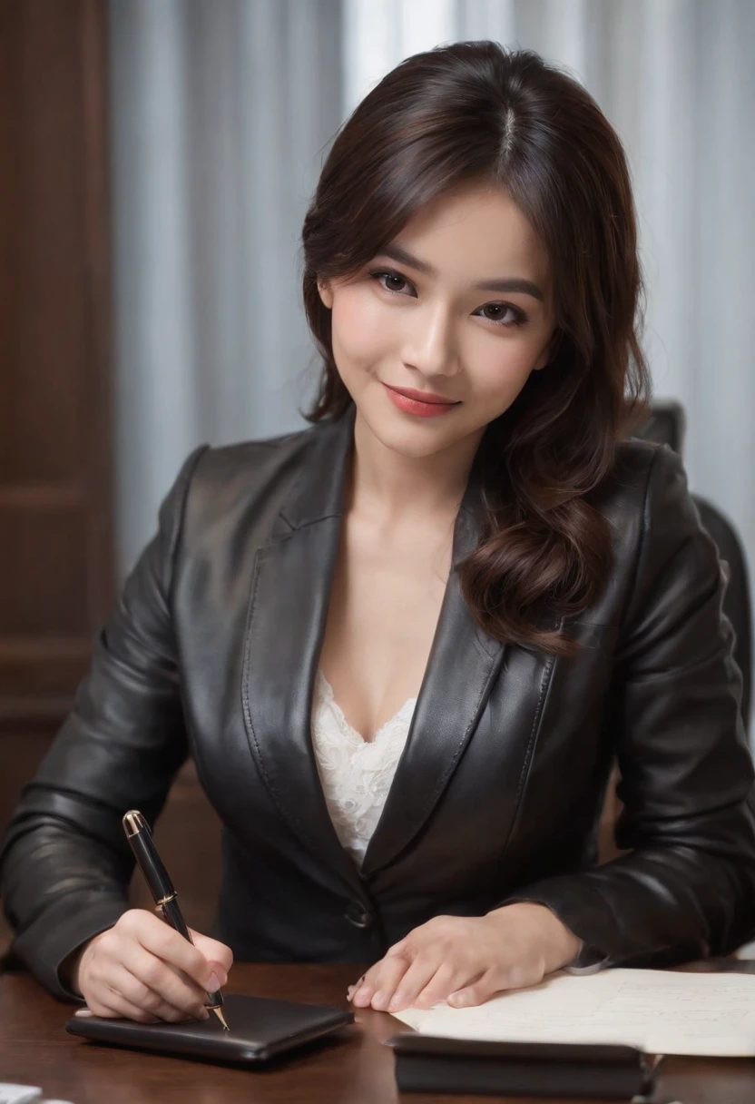 Wearing black leather gloves in both hands, upper body, black business suit, sitting on a chair at a desk in his room with a computer in the dark, looking down and smiling, writing a letter using a fountain pen, black hair bundled behind for a long time, still young, a young and very cute Japanese female new employee (black leather gloves cover both hands)