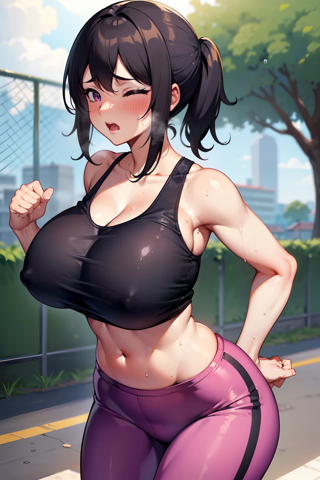 gym, workout, hot, sweating, sweaty, tan, big boobs, tan skin, flustered, blush, purple clothes, see thru, yoga pants, black hair, soaked, wet, naked boobs, cleavage, running, running, girl running, in pain, painfull, running, sprinting, eyes closed, screaming, screaming in pain, running, curvy, outside, at the park, marathon