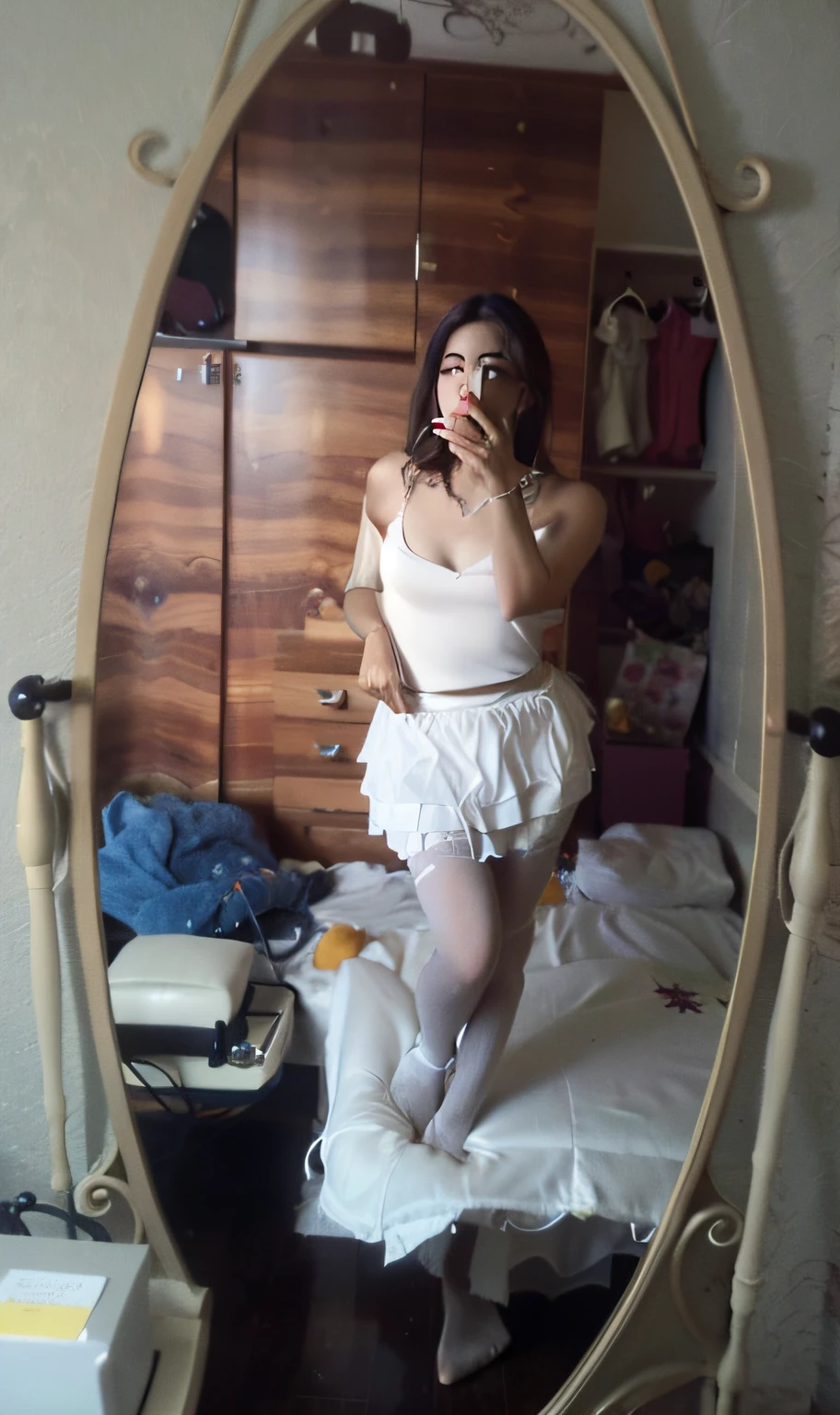 high quality, high resolution, 24 years old, JuReis, JuRe, black hair, curly long hair, open blouse with lace bra underneath, short skirt, white stockings, sitting in bathroom stall, open legs, shaved pussy