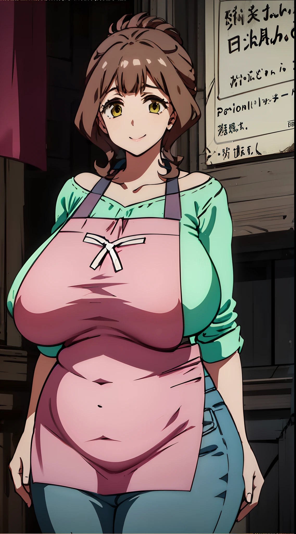 1girl,milf,gigantic breasts,plump,everyday clothes、pink apron、Light green shirt、Blue jeans、inside the house