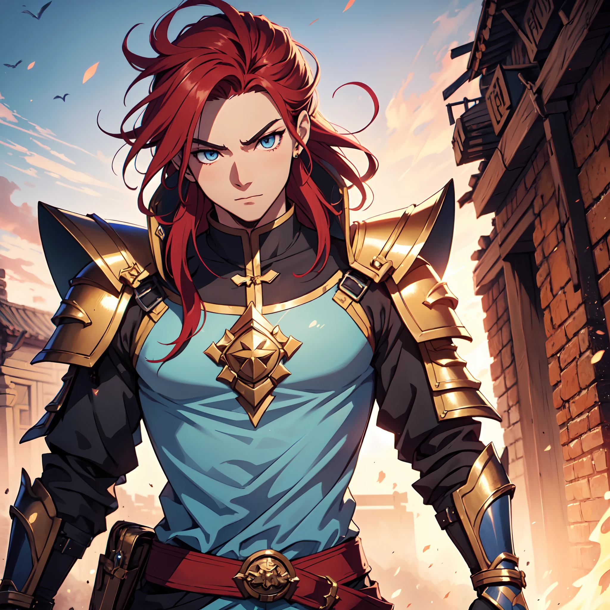 Ultra High Definition, Ultra High Quality, Extremely Detailed, Perfectly Detailed, Masterpiece, 8k, 1 Boy, Look A Like Xin From Kingdom Anime, Handsome, Equipped With Paladin Armor, Solid Light Blue Eyes, Long Red Hair, Body Shot, Ancient Kingdom Background