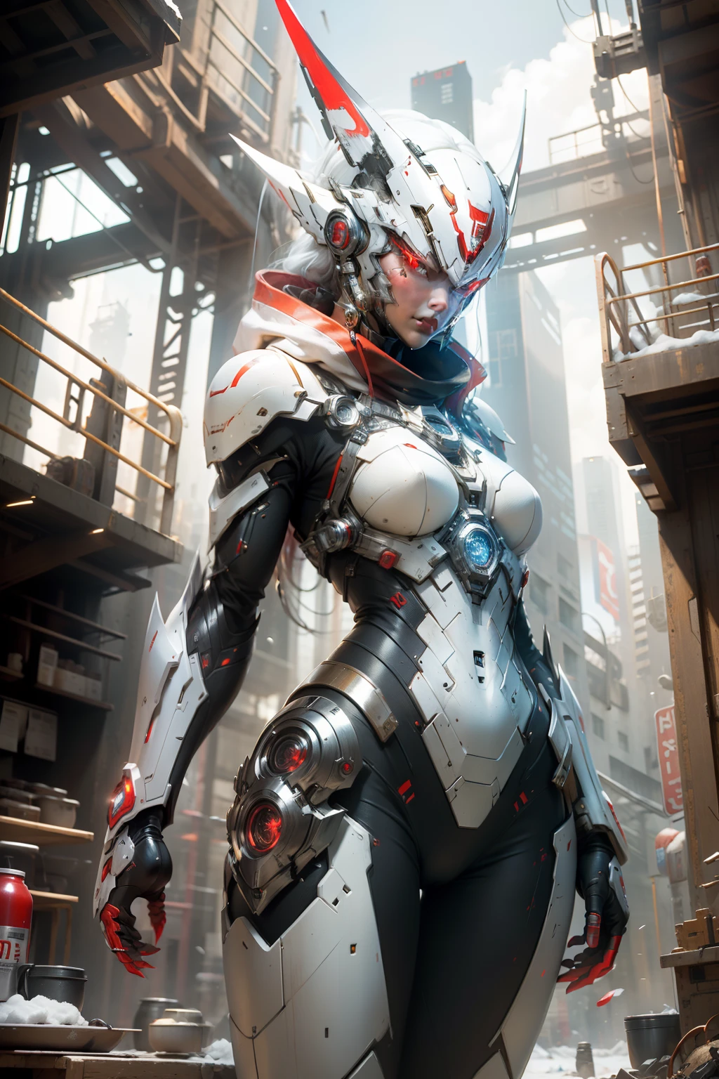 masterpiece、top-quality、hight resolution、cyberpunked、Real with creativity、White and red metal body、Slender woman、Beast Woman、Ultraman、snow-white body、(Stance:1.1)、Biomechanics、 Megacities of the future、Dramatic Lighting、