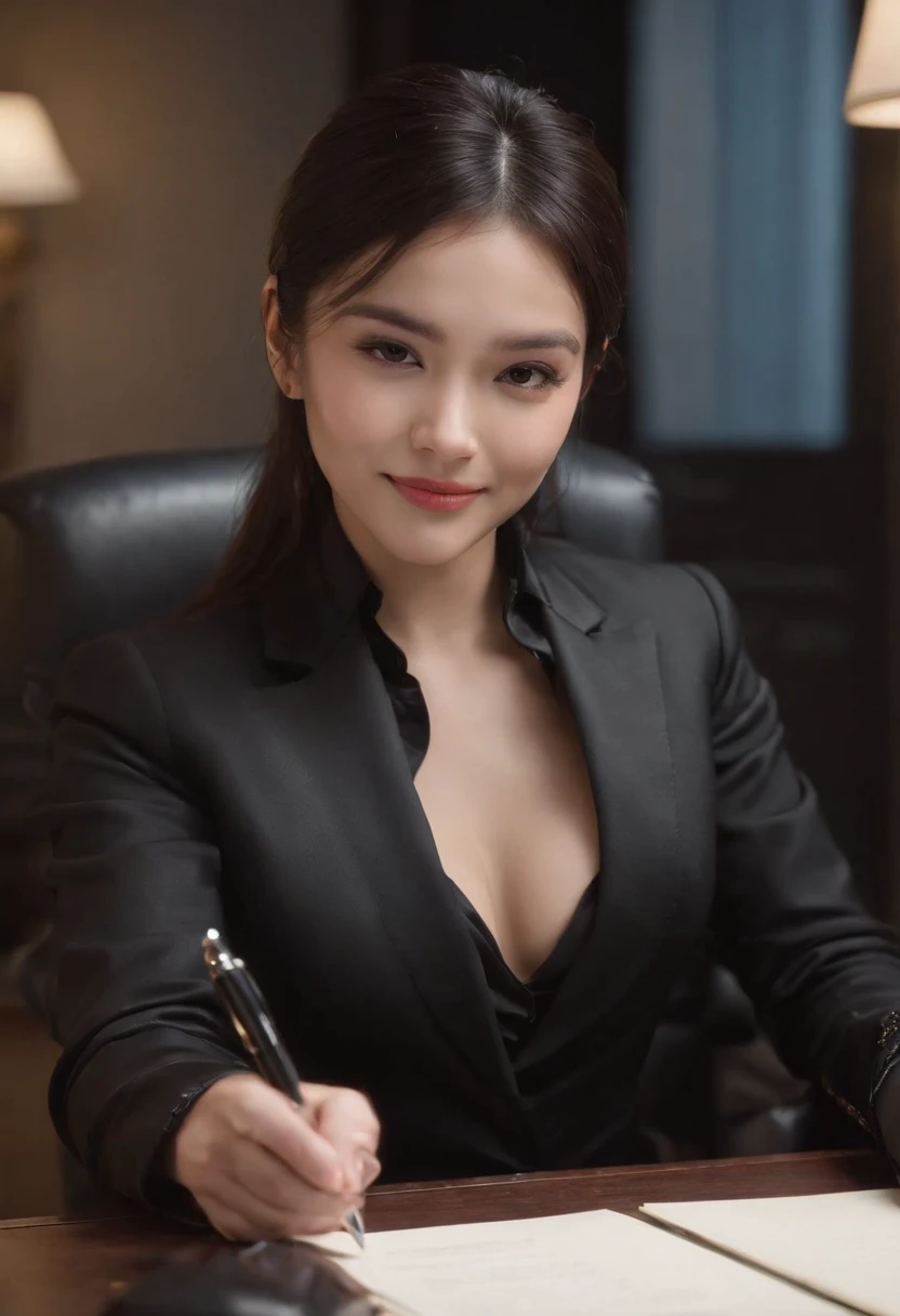 Wearing black leather gloves in both hands, upper body, black business suit, facing the desk in my room with a computer in the dark, looking down and smiling, operating the computer with the fingertips of black leather gloves, black hair bundled at the back for a long time, still young and very cute Japanese female new employee (black leather gloves cover both hands)