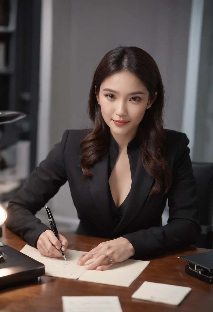Wearing black leather gloves in both hands, upper body, black business suit, sitting on a chair at a desk in his room with a computer in the dark, looking down and smiling, writing a letter using a fountain pen, black hair bundled behind for a long time, still young, a young and very cute Japanese female new employee (black leather gloves cover both hands)