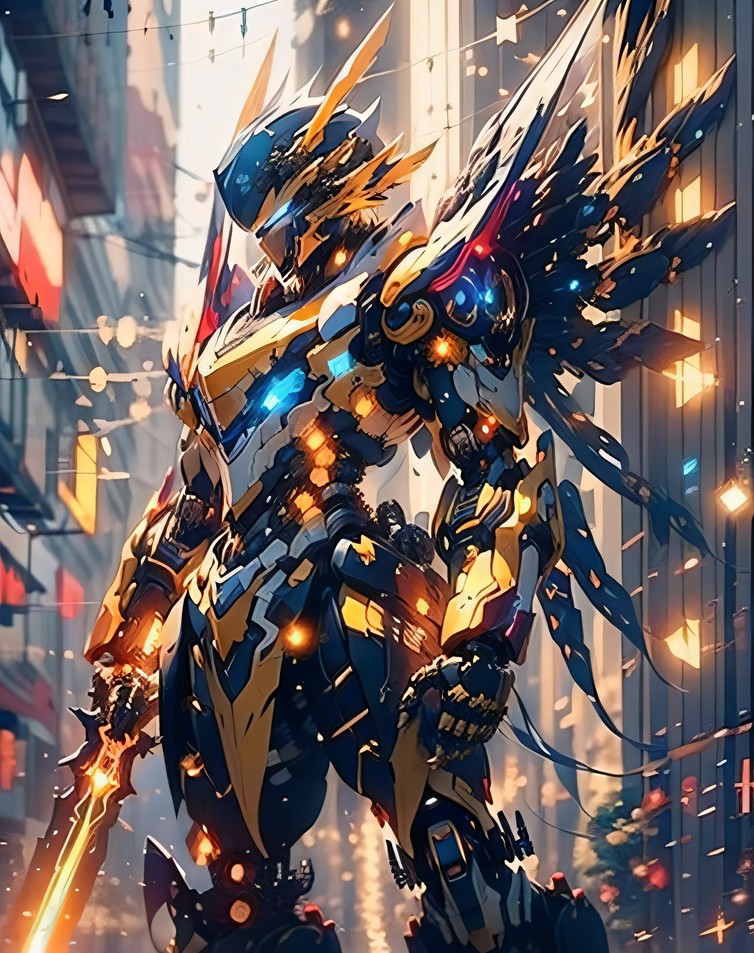 Giant mecha god robot,Double mechanical wings,Skysky,Technologie,A detailed,longspear, (((bokeh:1.3)))
