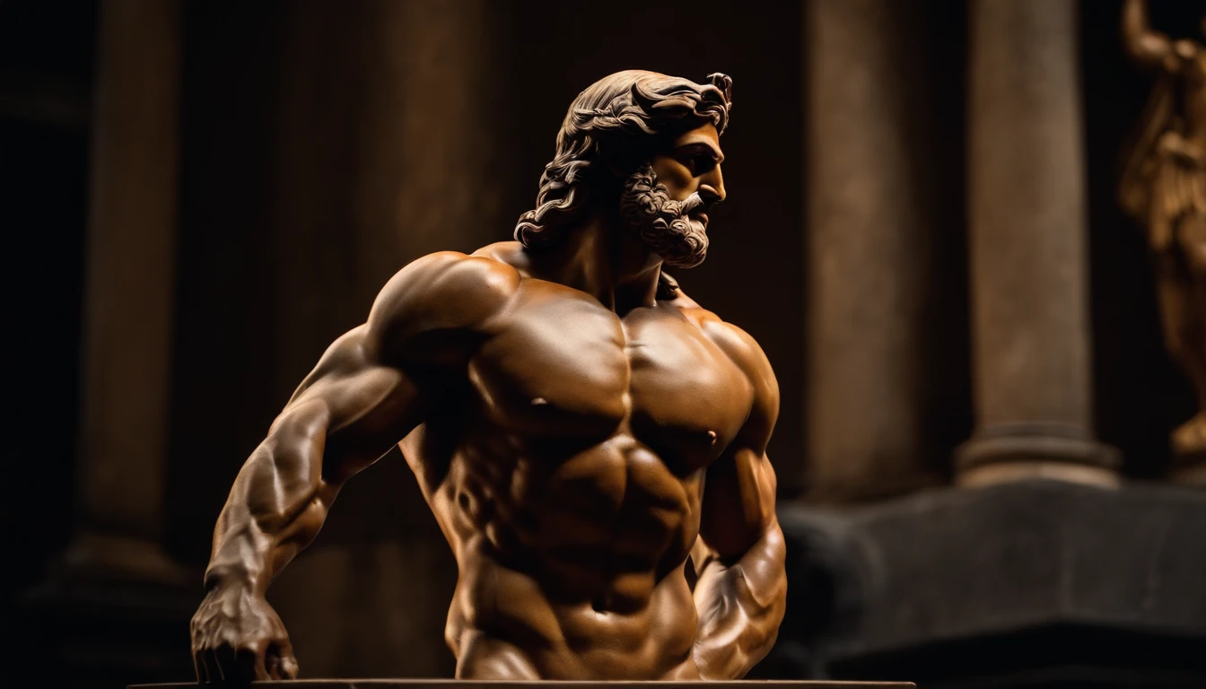 Stoic Greek Hercules style statue with highlighted muscles dark background