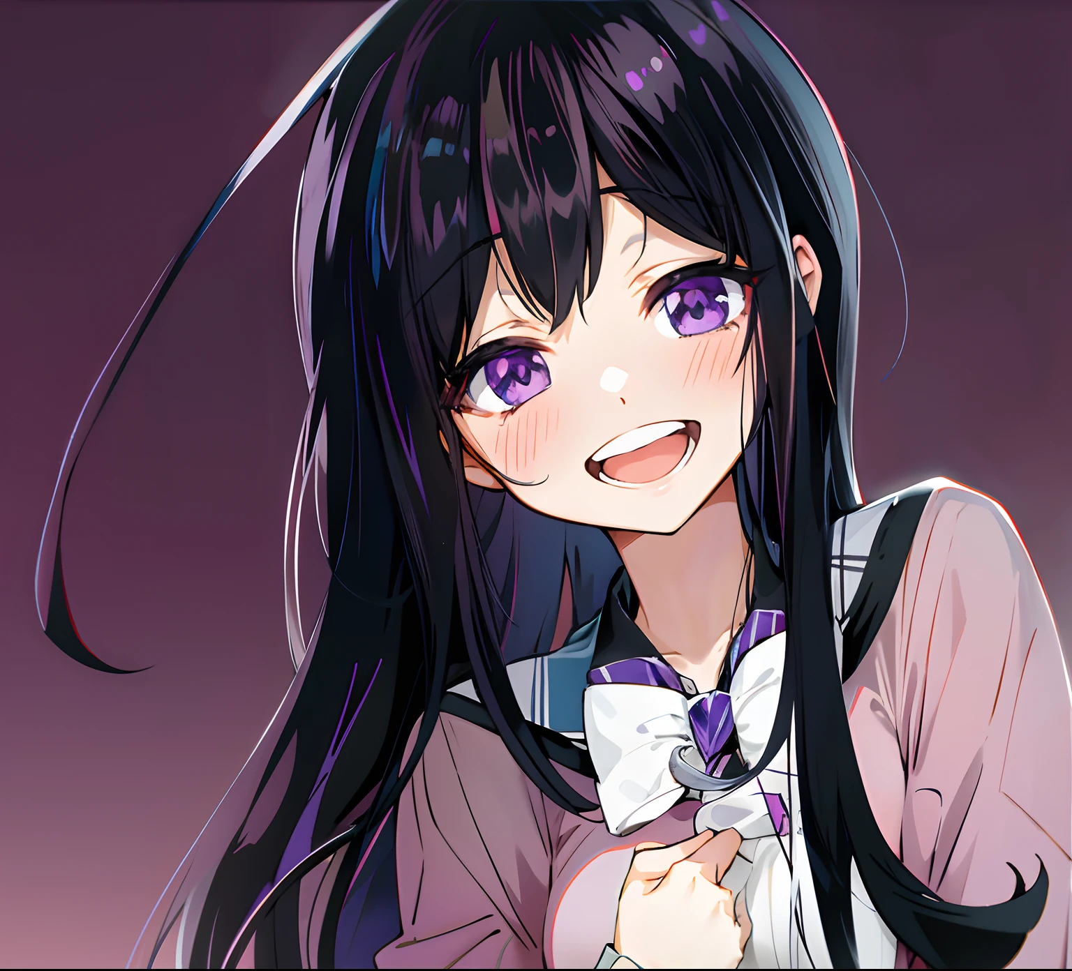 anime girl with long black hair and purple eyes, anime moe artstyle,she has black hair with bangs,, beautiful anime high school girl, cute anime girl, anime visual of a cute girl, open mouth, looking at viewer, hand in chest
