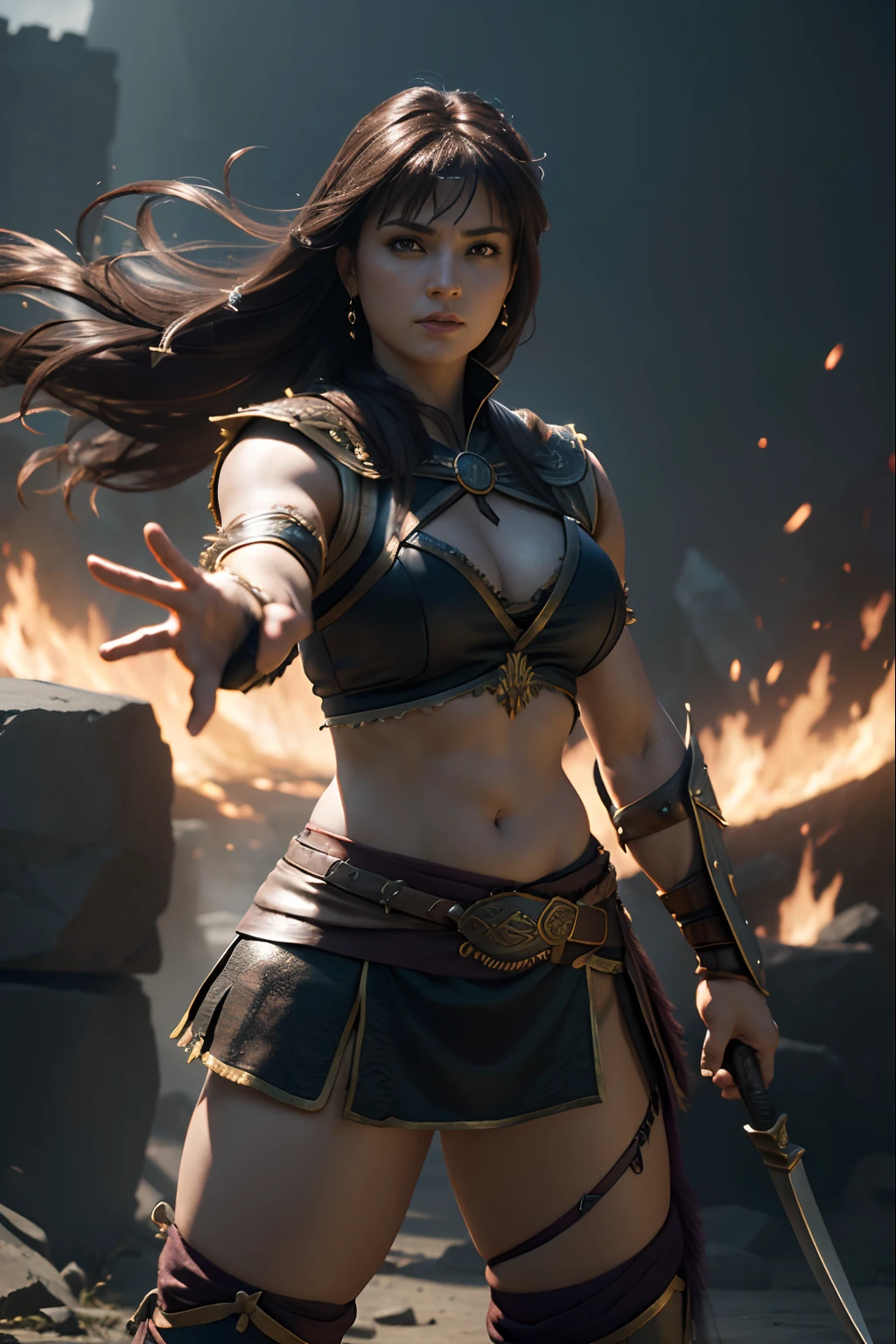 ((Offensive Stance)), (Highly detailed CG Unity 16K wallpaper:1.1), (Denoising strength: 1.45), (tmasterpiece:1.37), Game style, Warrior princess Xena, hyper HD, Dark Fantasy,