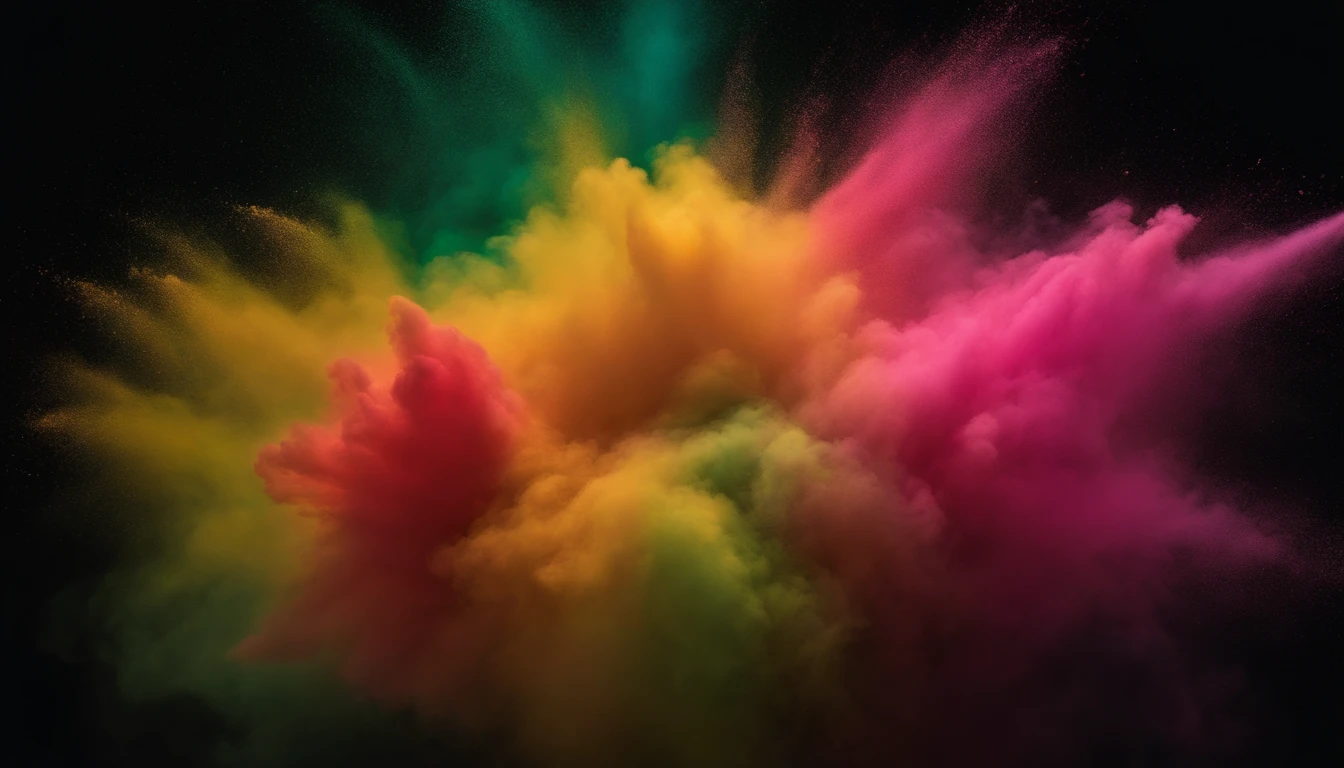 (Best Quality,hight resolution,masutepiece:1.2),Ultra-detailed,Abstract,Colorful,Explosion of pink and red and blue and green and yellow powder isolated on black background,Shimmering texture,Visible background,Freezing Movement,Colorful Pauda, Radial from the center, The best balance, best composition,