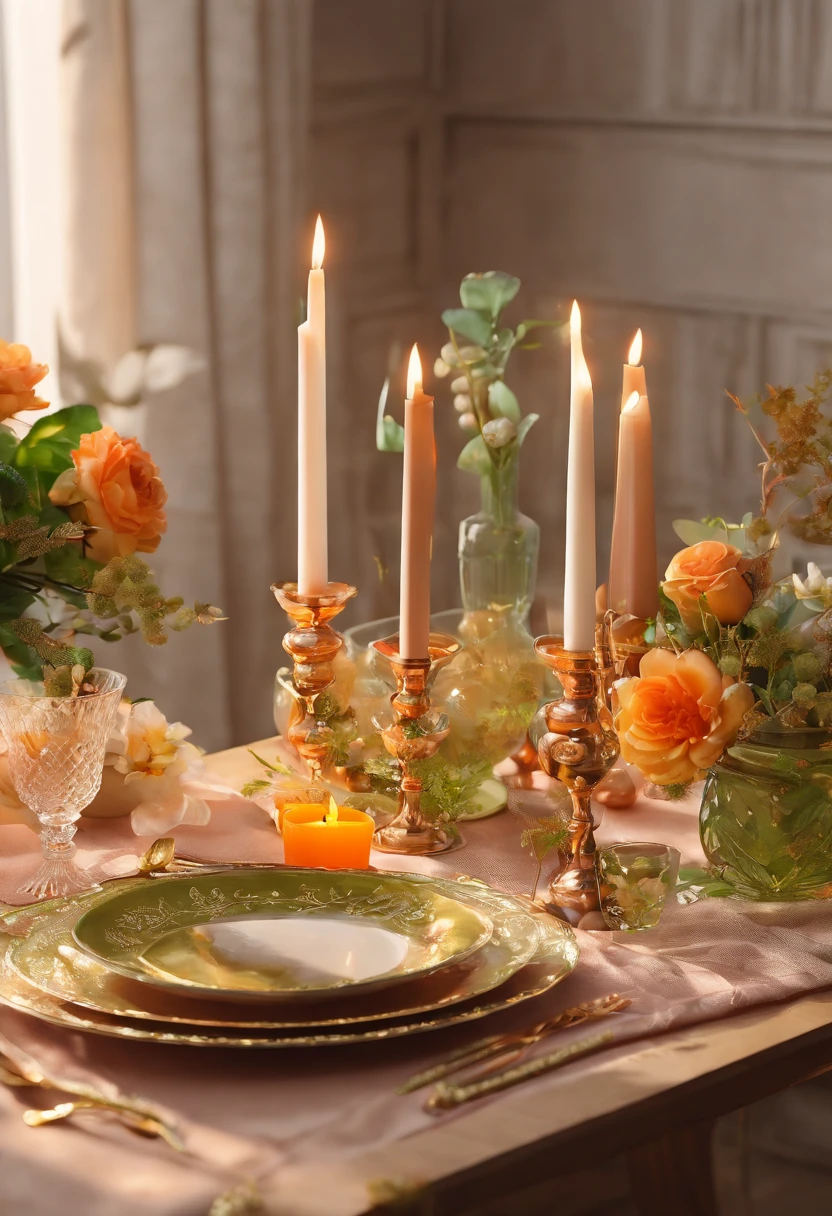 (Best quality,4K,8K,A high resolution,Masterpiece:1.2),Ultra-detailed,Amazingly beautiful table set,Delicate flower arrangement,Natural lighting,Golden candlelight,Soft and warm color palette,Inviting atmosphere,Homely,Simple and elegant,Harmonious composition,Meticulous attention to detail,subtletextures,Tastefully furnished,Translucent glassware,Delicious fresh fruit,Crystal clear water droplets on the fruit,Crispy and juicy,Refreshing,Lovely scent of flowers and fruits,Exquisite porcelain dinner plate,Smooth and glossy surface,Vintage silverware,Exquisite and gorgeous design,Romantic and cozy atmosphere,Relaxing and comfortable,serenity and calm,Healthy and inviting,Elegant pleats and curtains,Rich brown color,Subtle shadows and highlights,soft natural lighting,A soothing and peaceful atmosphere,A central ornament made of vibrant seasonal flowers,Delicate buds and flowers,a faint fragrance in the air,The petals are beautifully arranged,Soft and natural texture,A warm and inviting color palette,Authentic and rustic elements,Crimson wine,Crystal clear wine glasses,Bubbles that surface,Candlelight reflection,glittery,Cleavage is seductive,Green leaves and green leaves,Add a touch of freshness and nature,Lovely contrast between greenery and fruit,Symbolizes abundance and vitality,A feast for the senses.in a panoramic view,deep colour