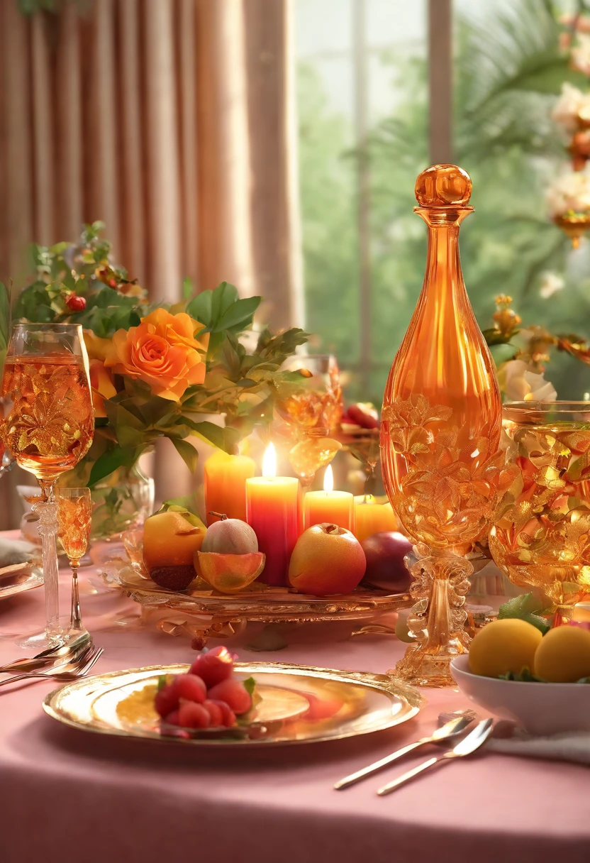 (Best quality,4K,8K,A high resolution,Masterpiece:1.2),Ultra-detailed,Amazingly beautiful table set,Delicate flower arrangement,Natural lighting,Golden candlelight,Soft and warm color palette,Inviting atmosphere,Homely,Simple and elegant,Harmonious composition,Meticulous attention to detail,subtletextures,Tastefully furnished,Translucent glassware,Delicious fresh fruit,Crystal clear water droplets on the fruit,Crispy and juicy,Refreshing,Lovely scent of flowers and fruits,Exquisite porcelain dinner plate,Smooth and glossy surface,Vintage silverware,Exquisite and gorgeous design,Romantic and cozy atmosphere,Relaxing and comfortable,serenity and calm,Healthy and inviting,Elegant pleats and curtains,Rich brown color,Subtle shadows and highlights,soft natural lighting,A soothing and peaceful atmosphere,A central ornament made of vibrant seasonal flowers,Delicate buds and flowers,a faint fragrance in the air,The petals are beautifully arranged,Soft and natural texture,A warm and inviting color palette,Authentic and rustic elements,Crimson wine，Crystal clear wine glasses,Bubbles that surface,Candlelight reflection,glittery，Cleavage is seductive,Green leaves and green leaves,Add a touch of freshness and nature,Lovely contrast between greenery and fruit,Symbolizes abundance and vitality,A feast for the senses.in a panoramic view，deep colour